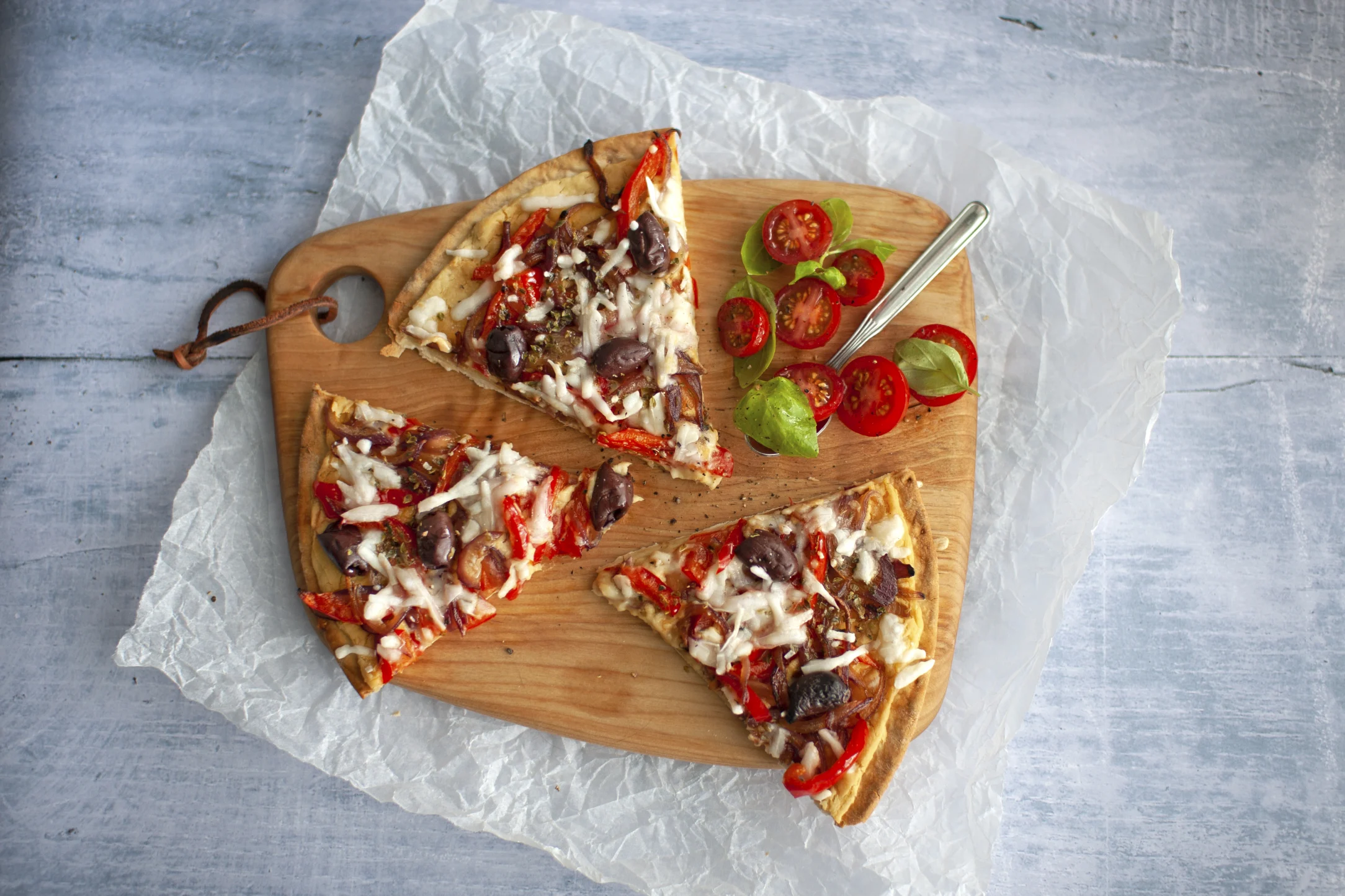Vegan Hummus Pizza with Pepper and Olives