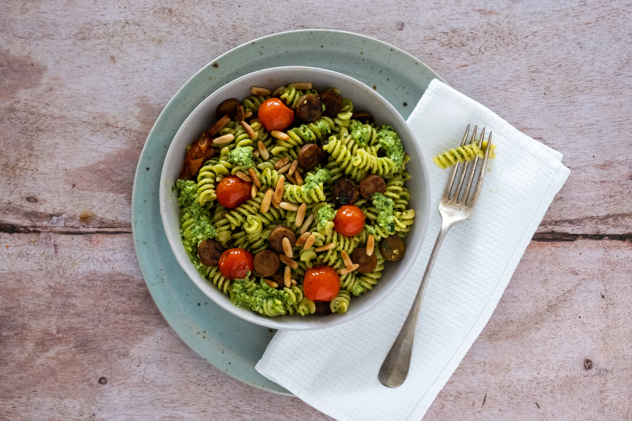 Vegan Sausage and Pesto Pasta with Roasted Cherry Tomatoes