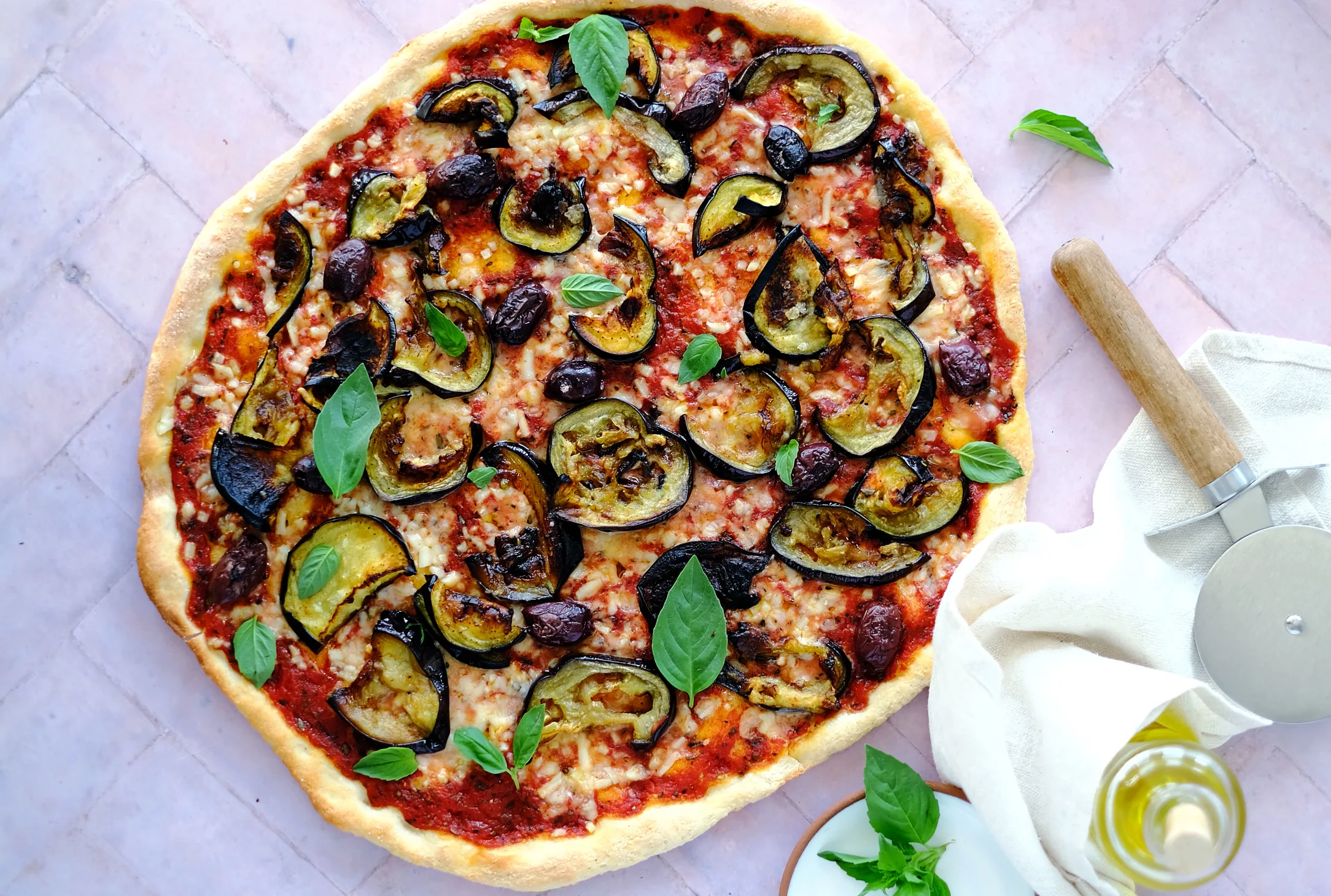 Vegan Pizza Parmigiana with Olives and Fresh Basil