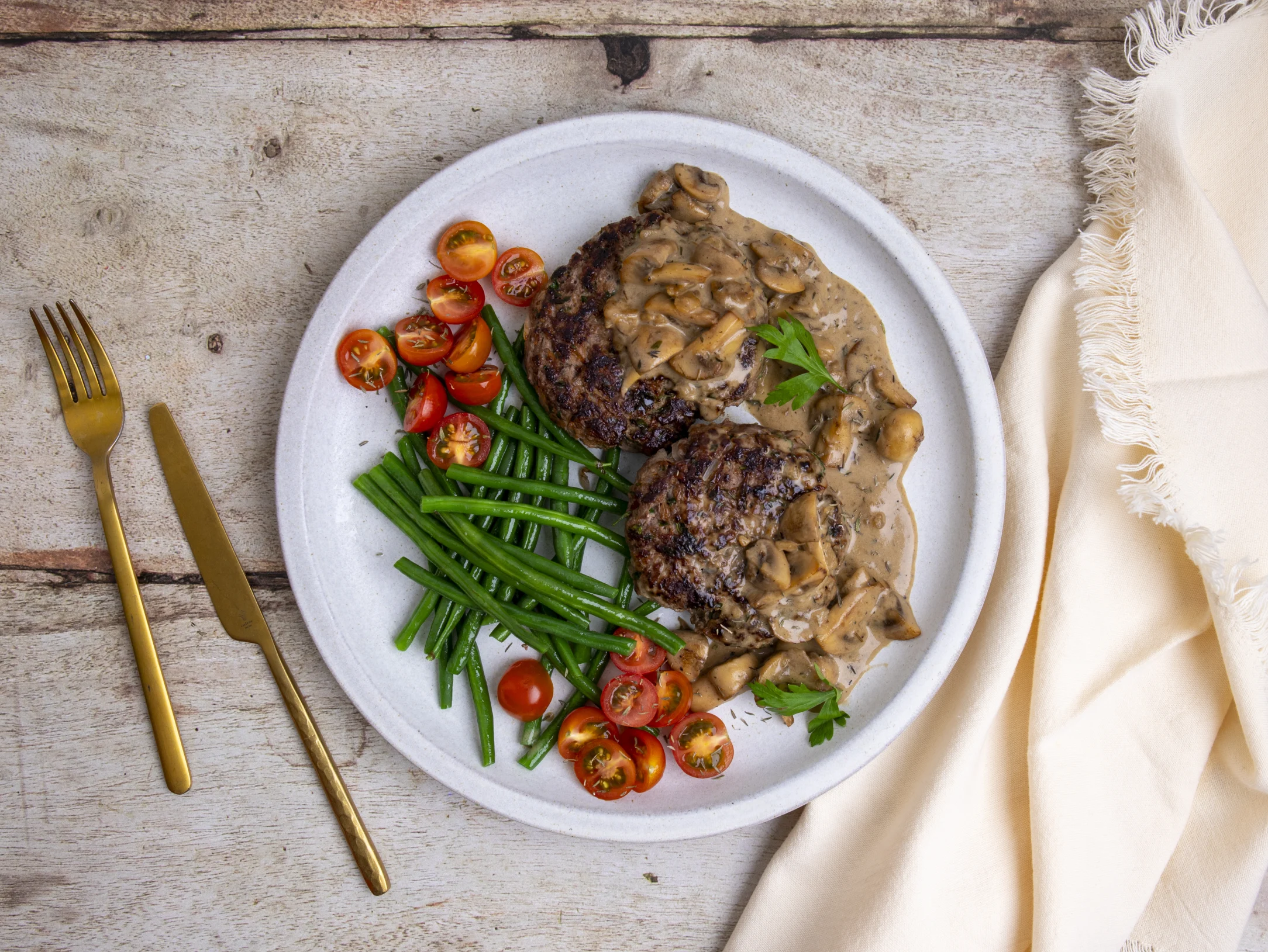 Salisbury Beef Patties in Mushroom Gravy with Green Beans and Cherry Tomatoes