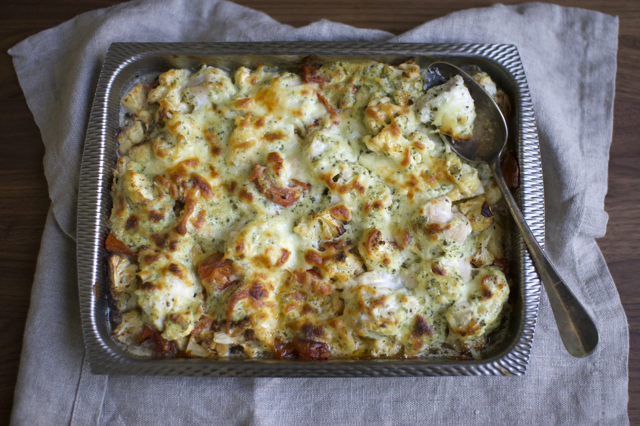 One Pan Pesto Chicken and Cauliflower Casserole