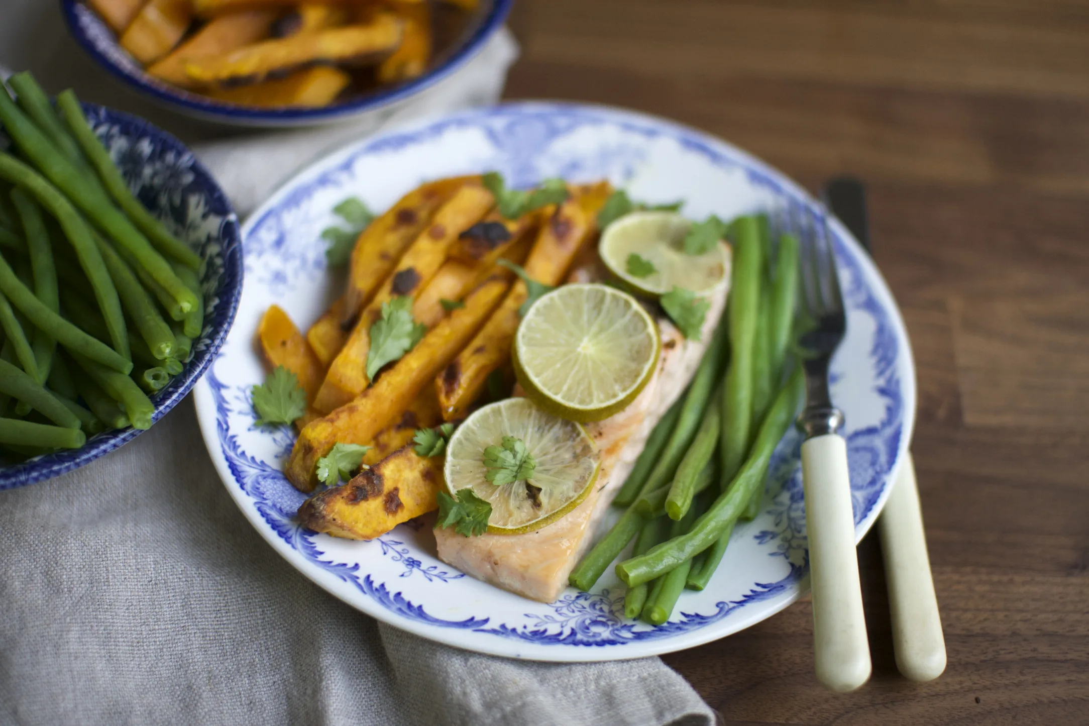 Roasted Lime Salmon and Sweet Potato Bake with Green Beans