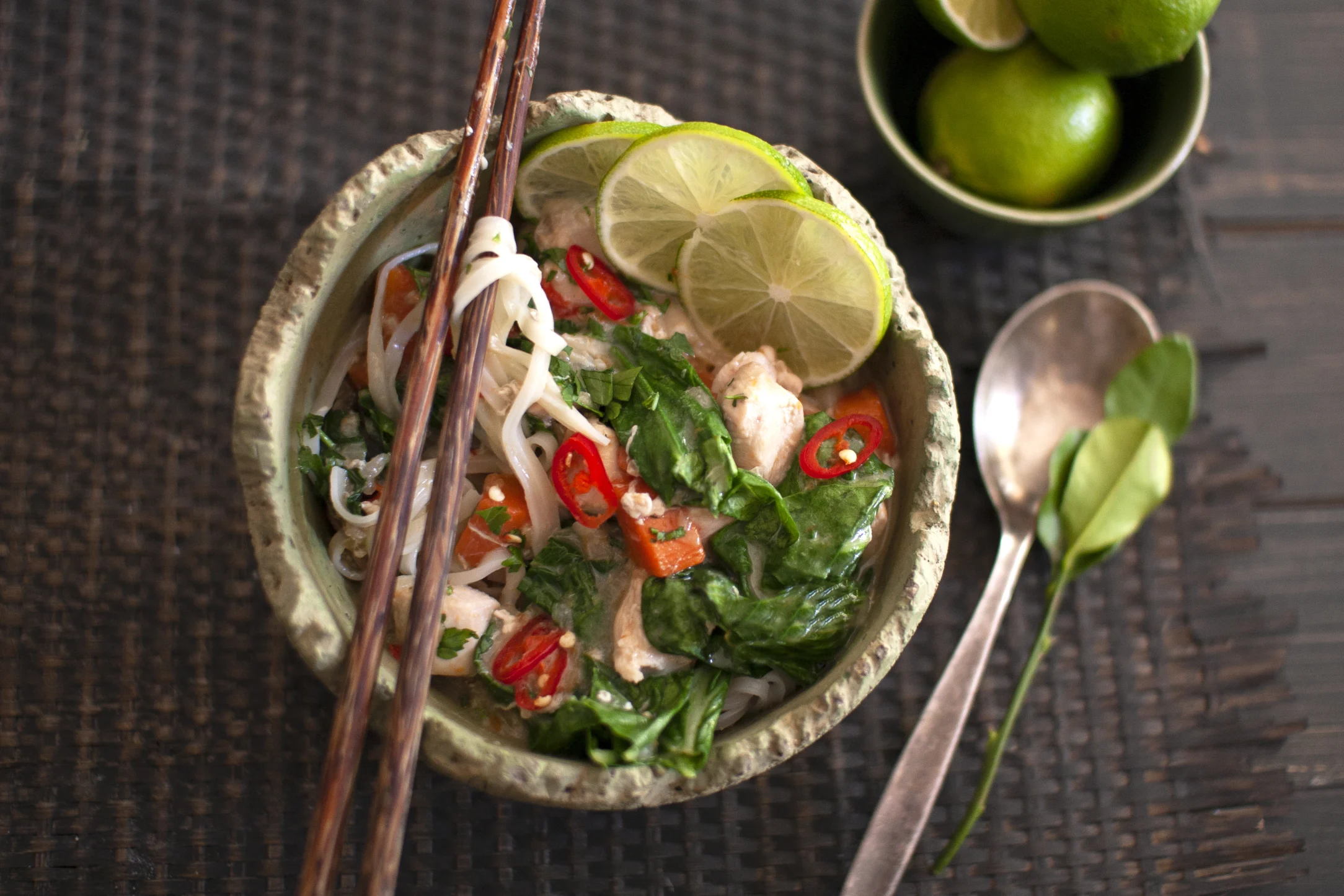 Thai Flavoured Chicken Noodle Soup with Spinach and Mushrooms