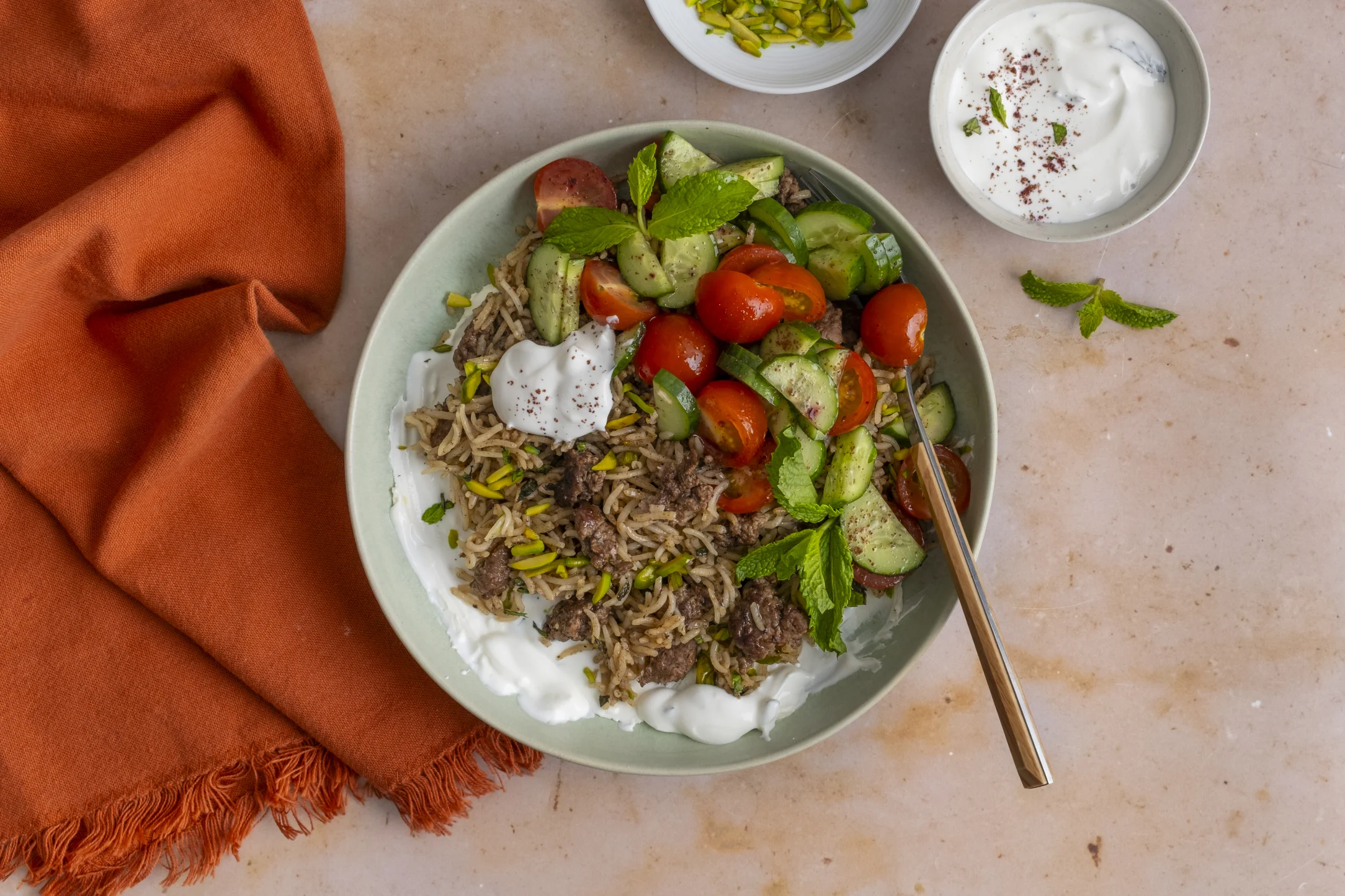 One Pot Middle Eastern Lamb and Rice with Mint Yogurt and Fresh Chopped Salad