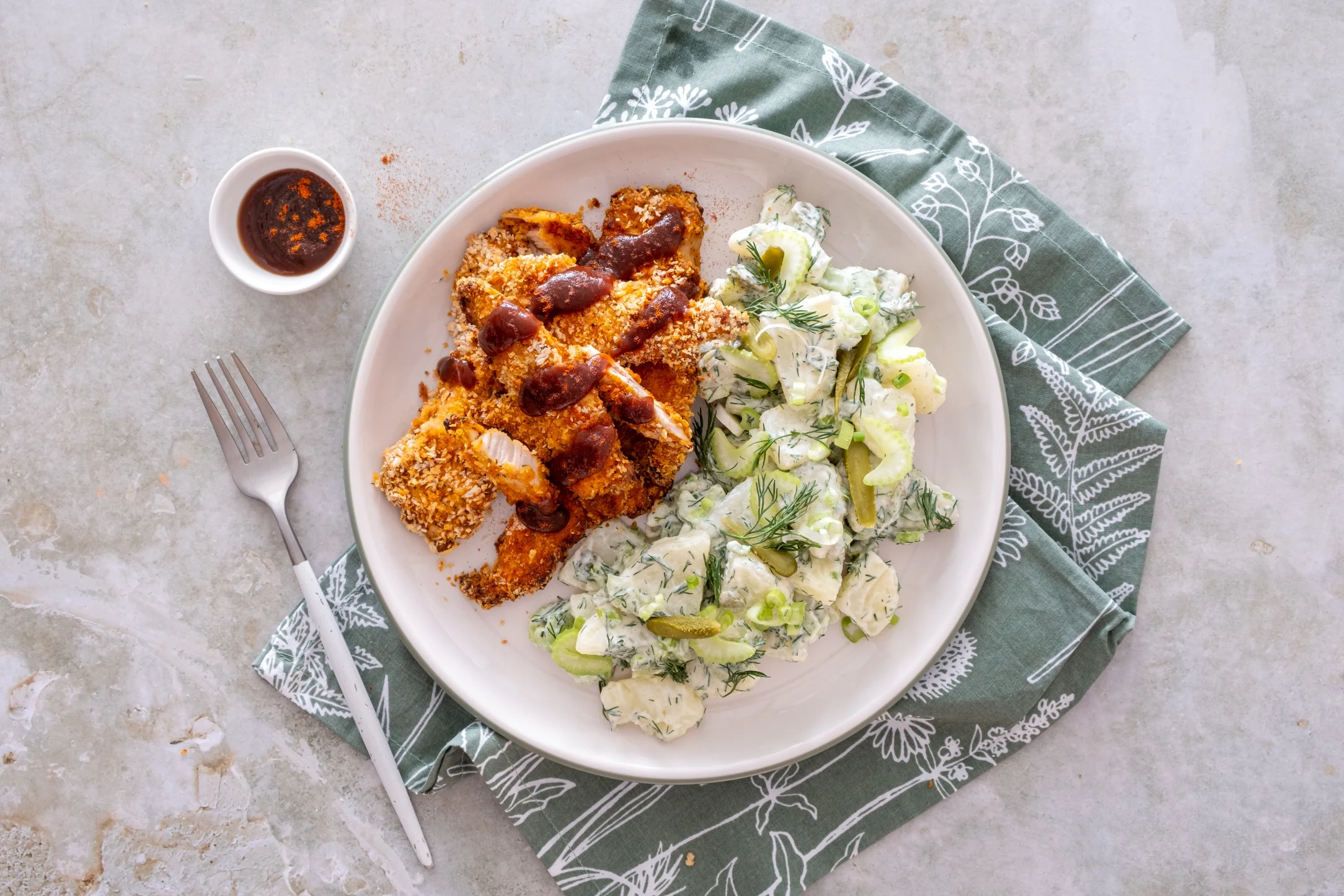 Crispy BBQ Chicken Strips with Creamy Dill Potato Salad