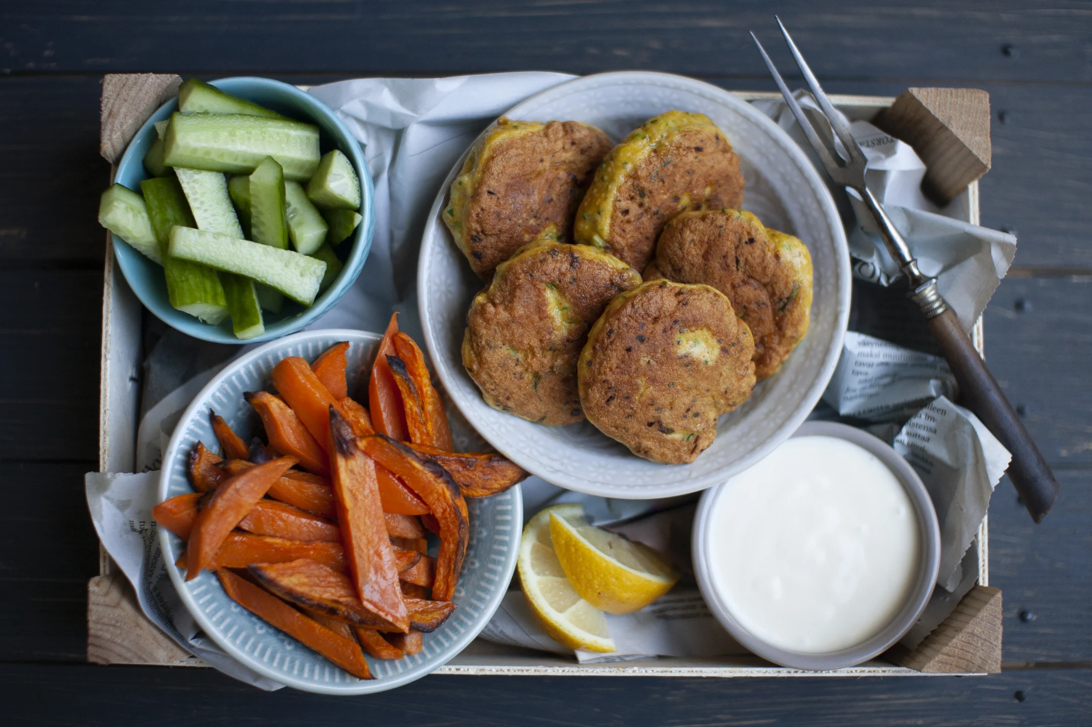 Golden Fish Cakes with Sweet Potato Fries