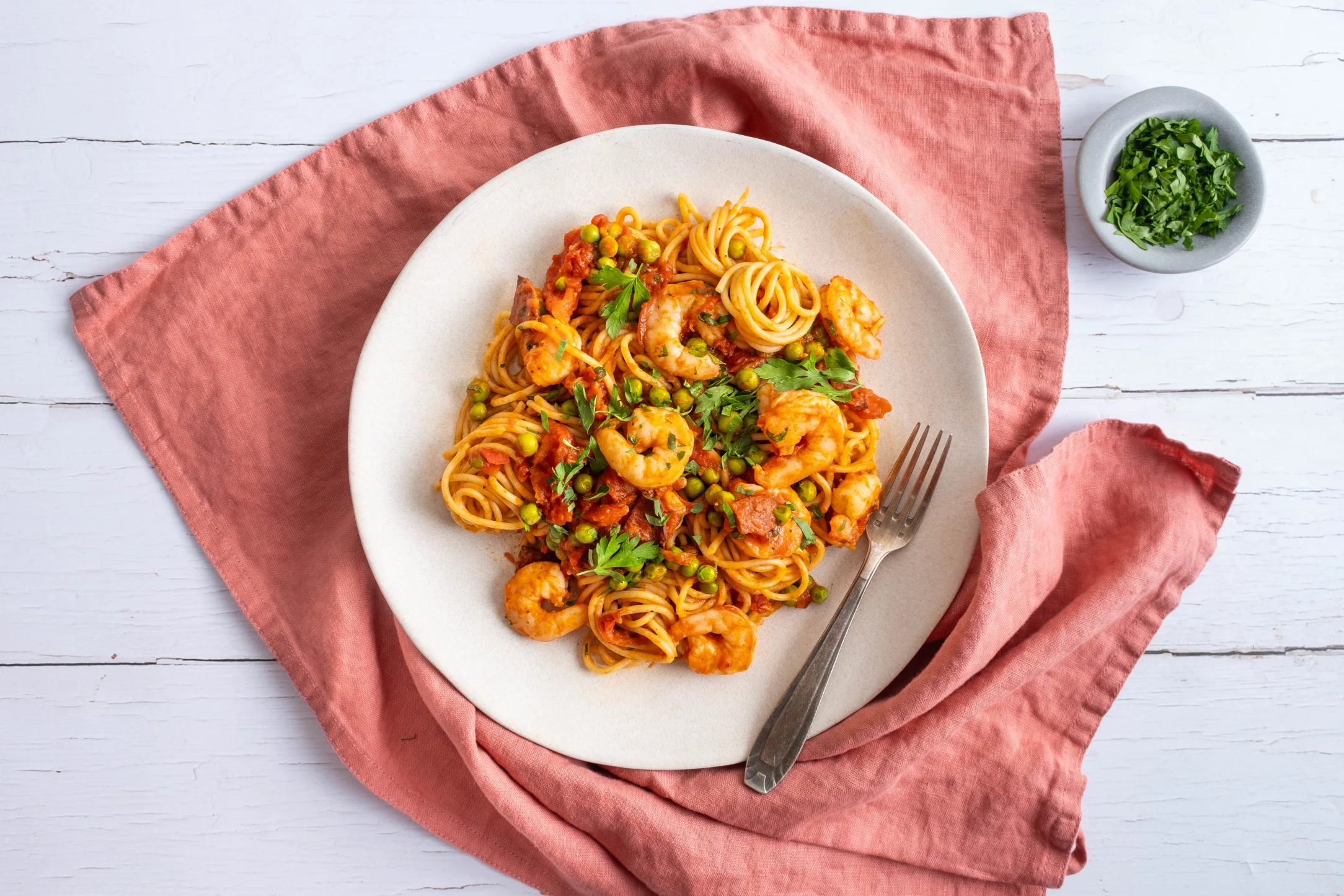 Prawn and Chorizo Spaghetti with Green Peas