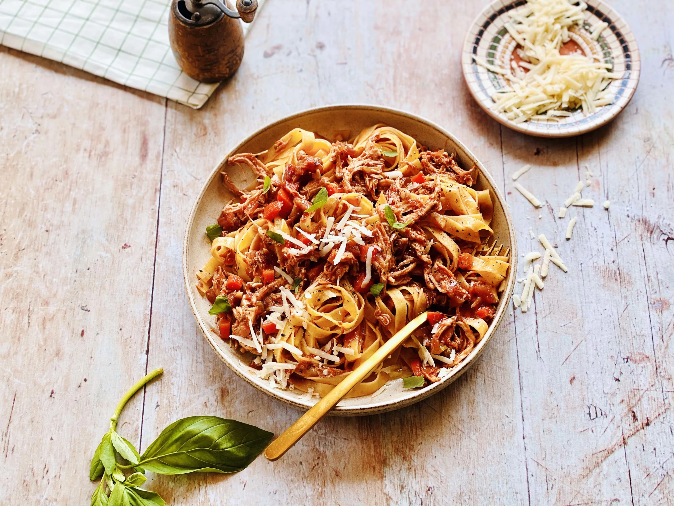 Pulled Chicken Ragu with Tagliatelle and Parmesan