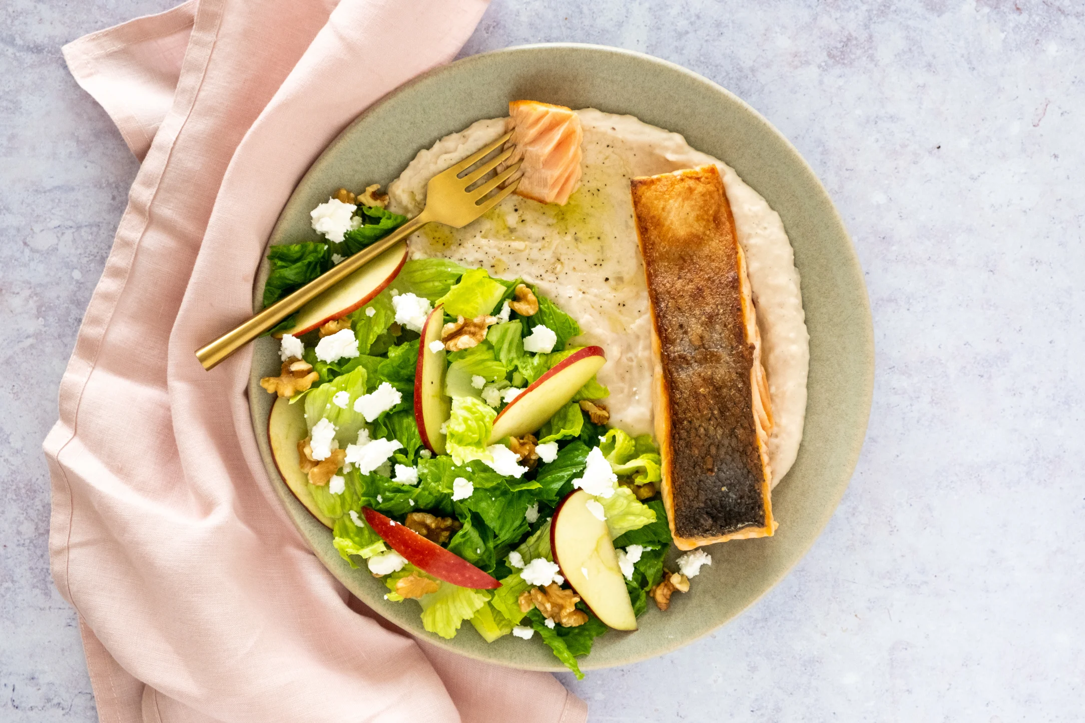Salmon with White Bean Puree and Crunchy Apple and Walnut Salad