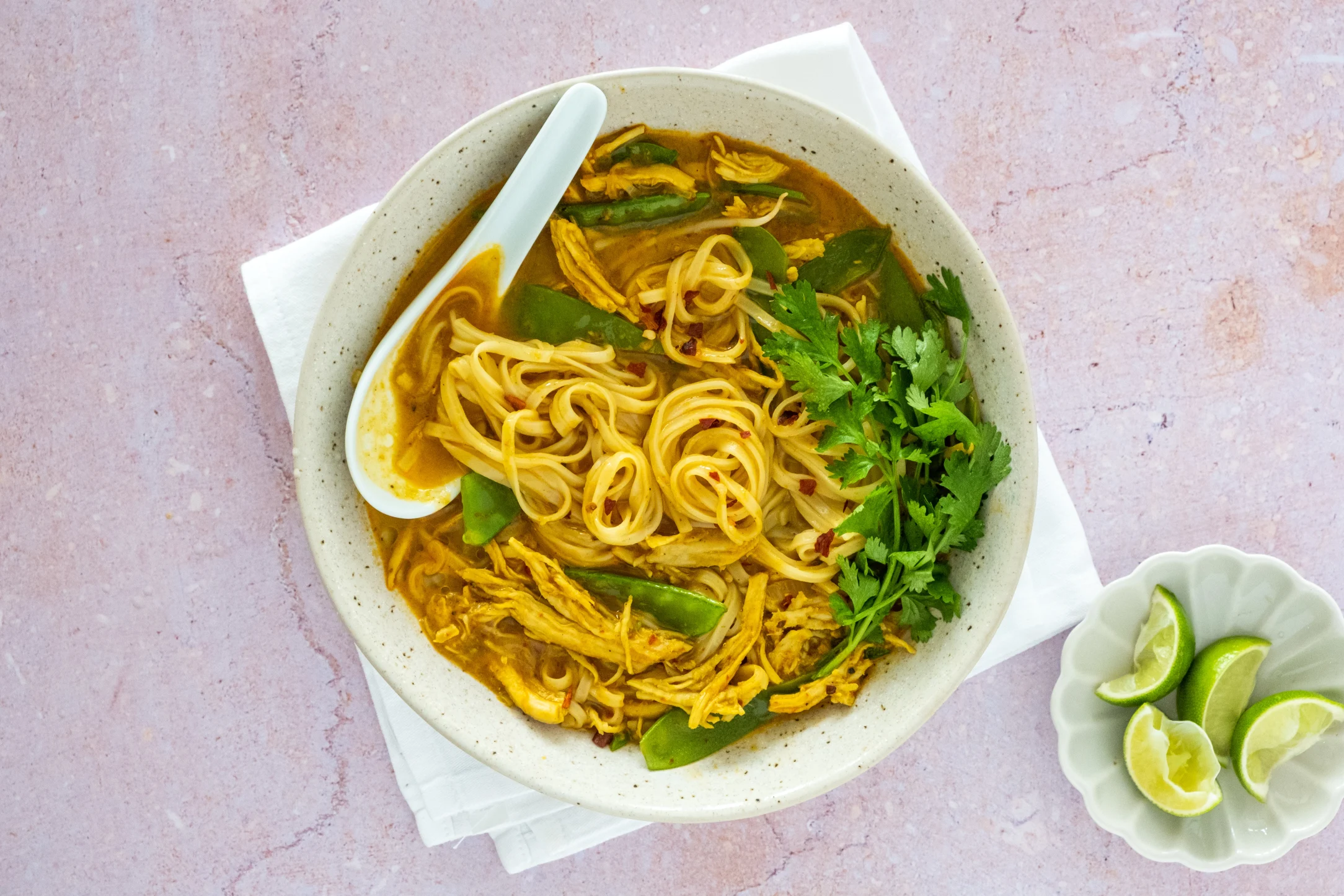 One-pot Laksa with Pulled Chicken and Snow Peas