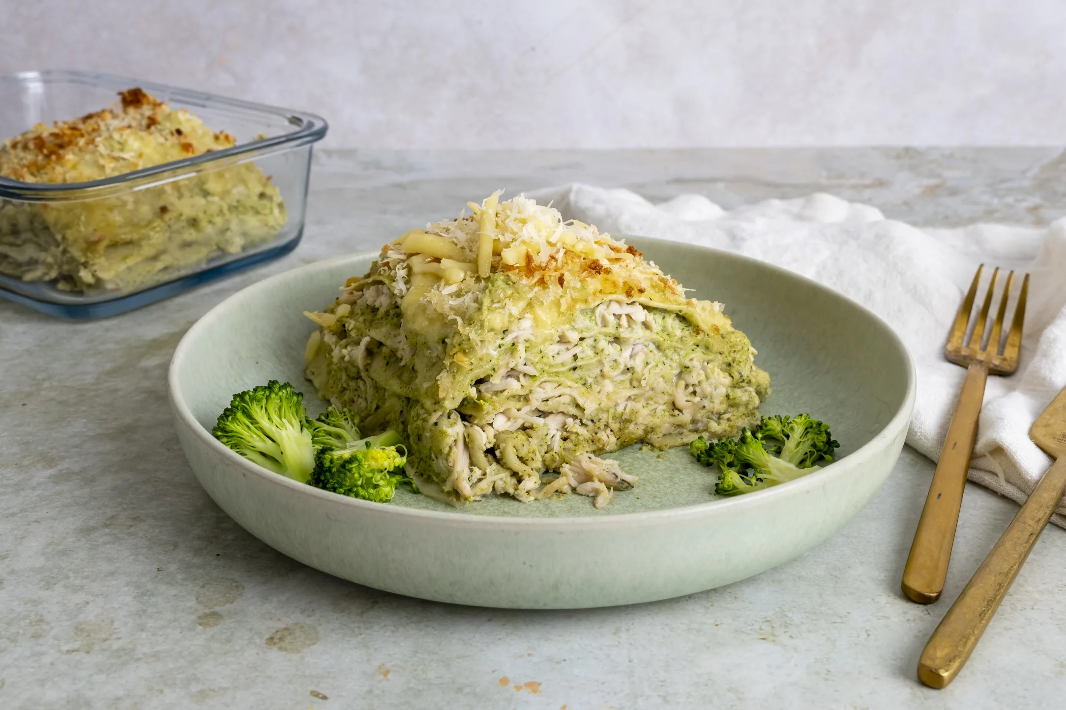 Creamy Pulled Chicken Lasagna with Broccoli Pesto Cheese Sauce