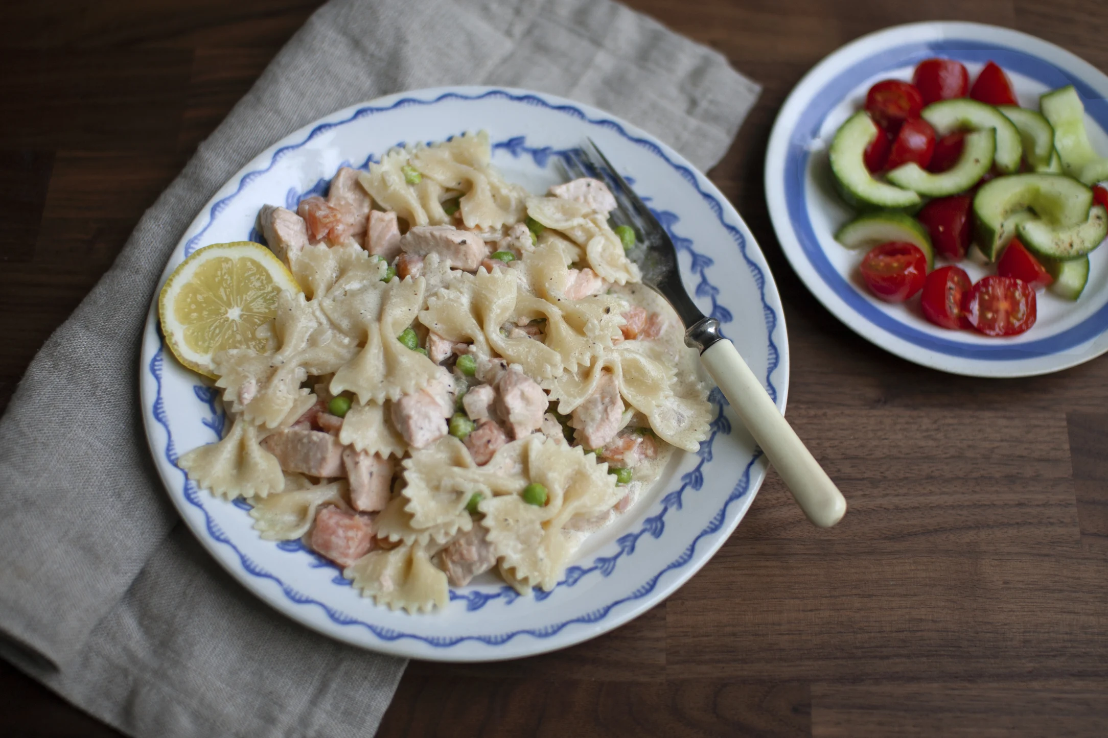 Two Salmon Pasta with Tomato and Cucumber Salad