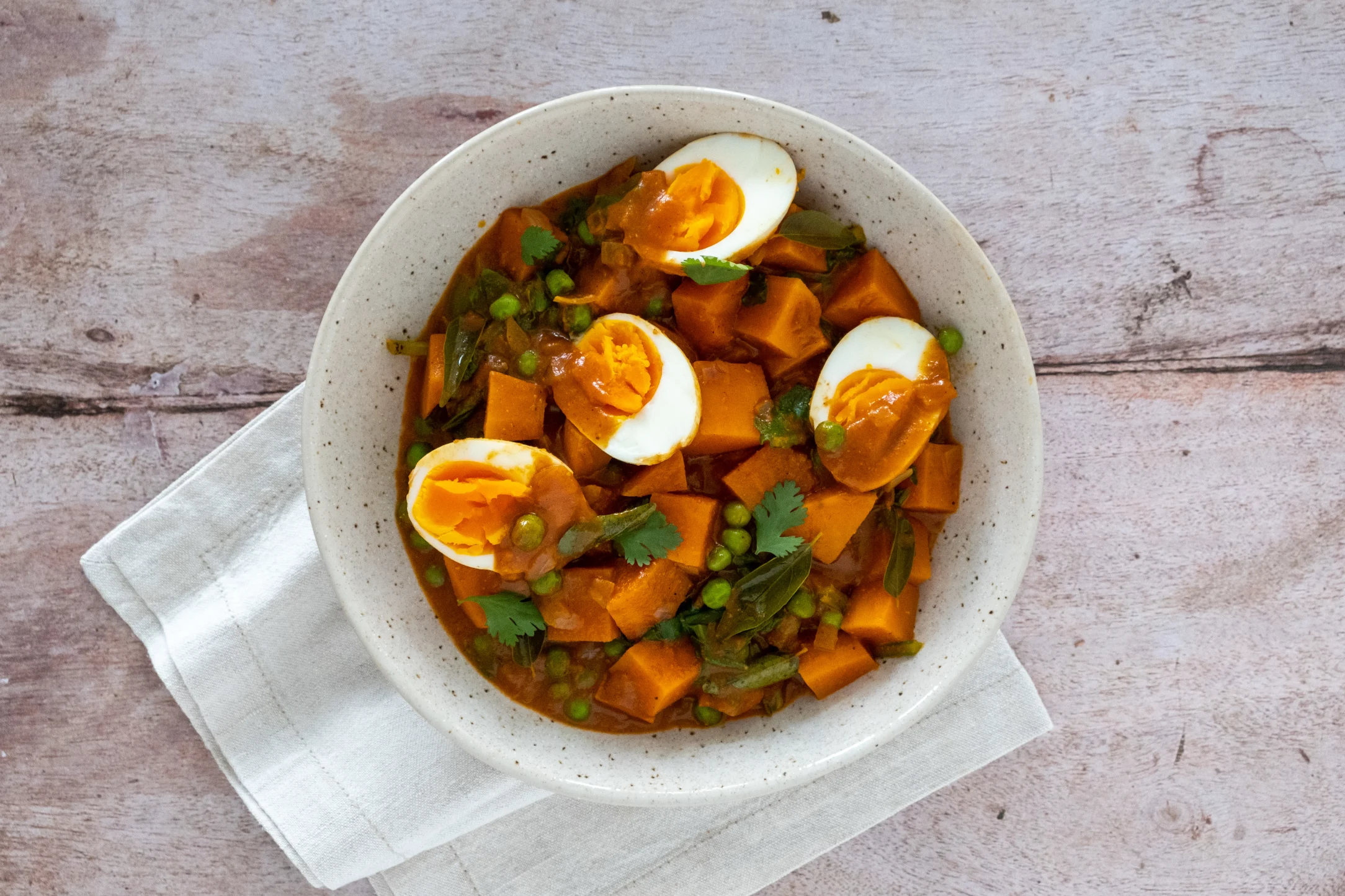 Creamy Keralan Coconut Egg Curry with Sweet Potatoes and Spinach