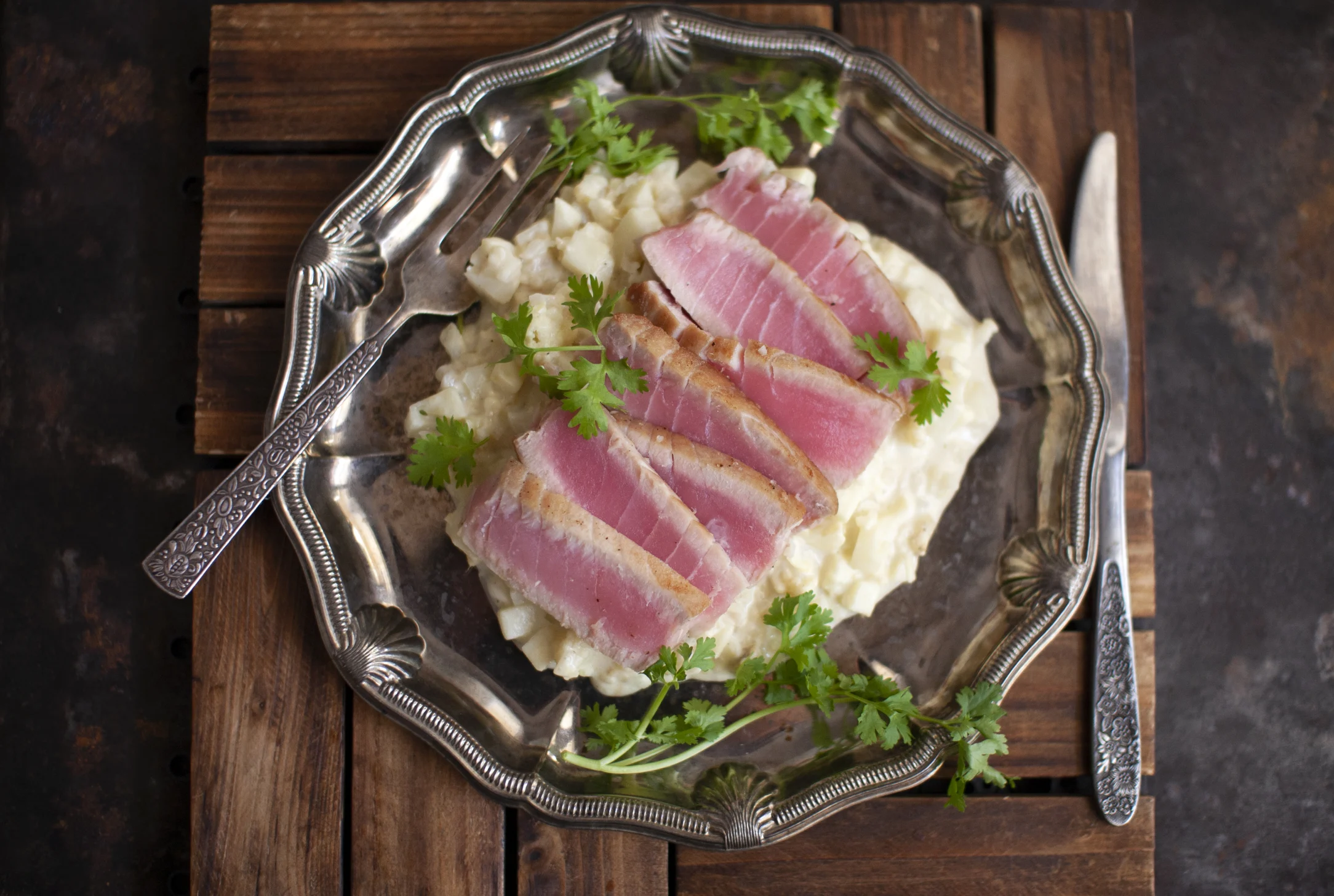 Seared Fresh Tuna with Creamy Cauliflower and Apple "Risotto"