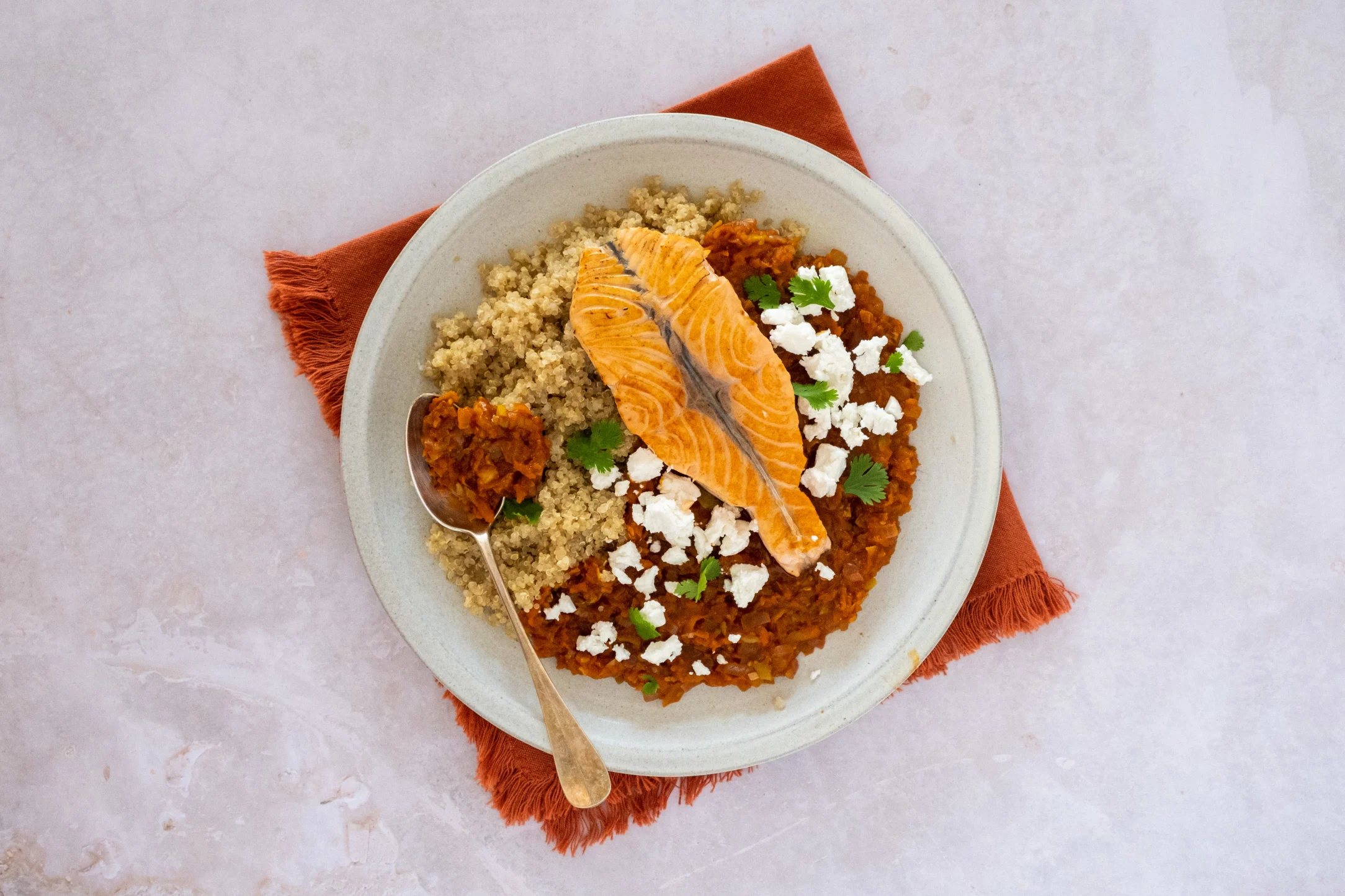 Salmon Steaks in Chraimeh Sauce with Quinoa and Feta