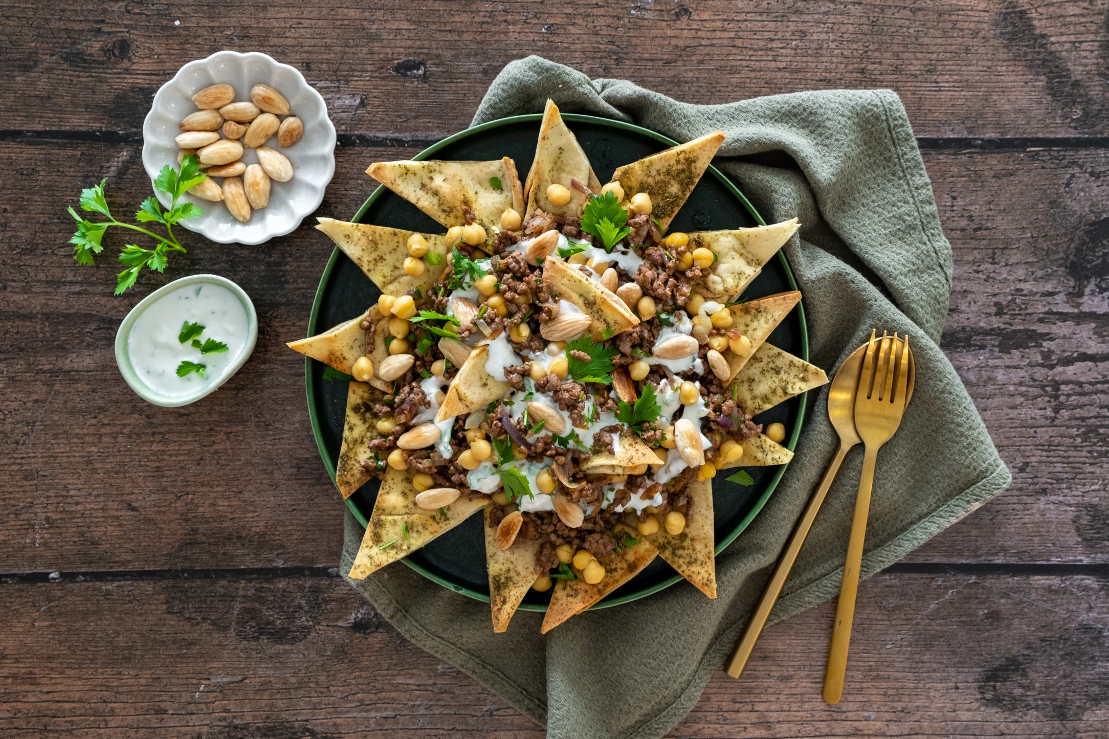 Minced Beef and Chickpea Fatteh with Garlic Tahini Yogurt and Zaatar Flatbread