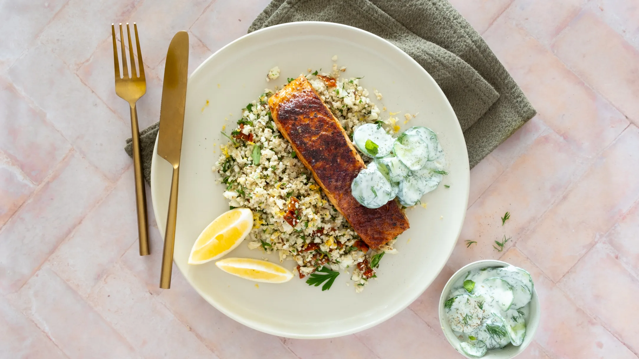 Cajun Salmon with Herby Cauliflower Rice with Creamy Cucumber Salad