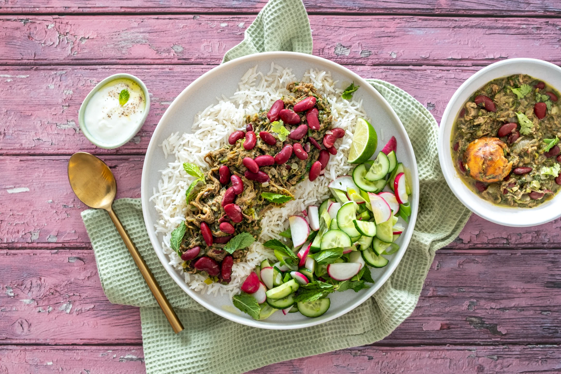 Persian Beef, Herb and Kidney Bean Stew with Rice and Cucumber Radish Salad