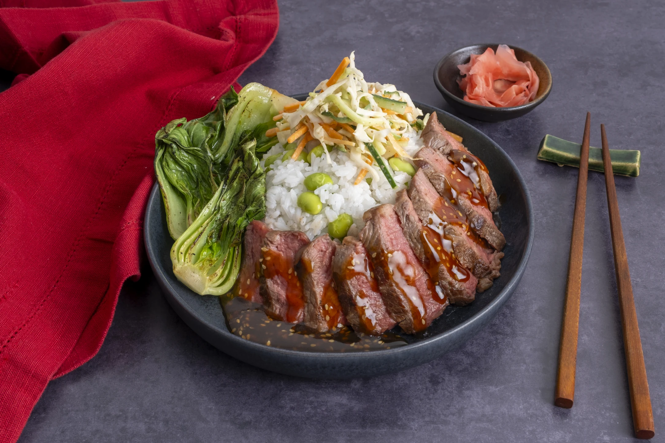 Teriyaki Sirloin Steak Donburi Rice Bowl with Sesame Salad, Pak Choi & Sushi Ginger