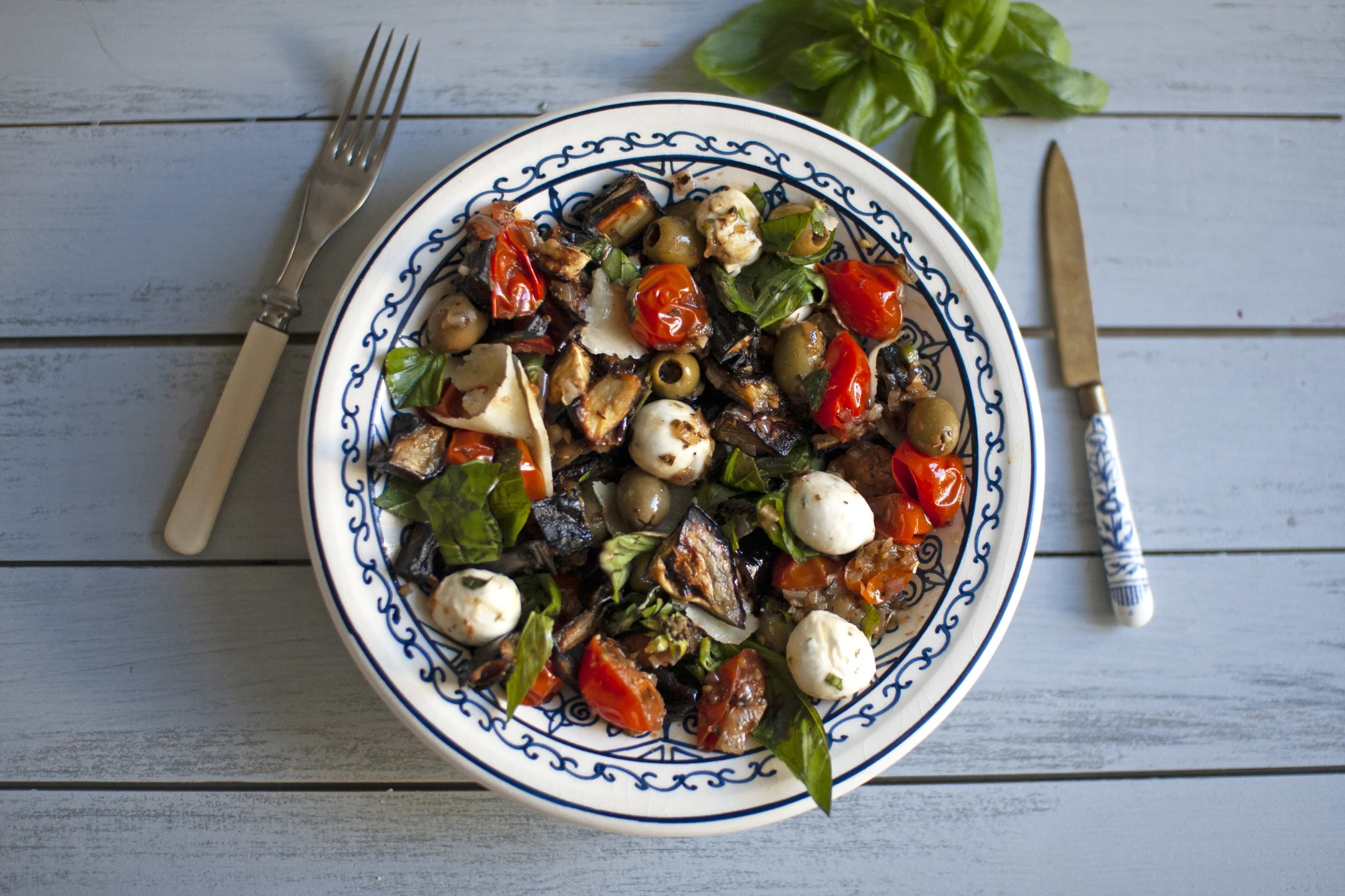 Sicilian Style Eggplant Caponata with Mozzarella and Green Olives