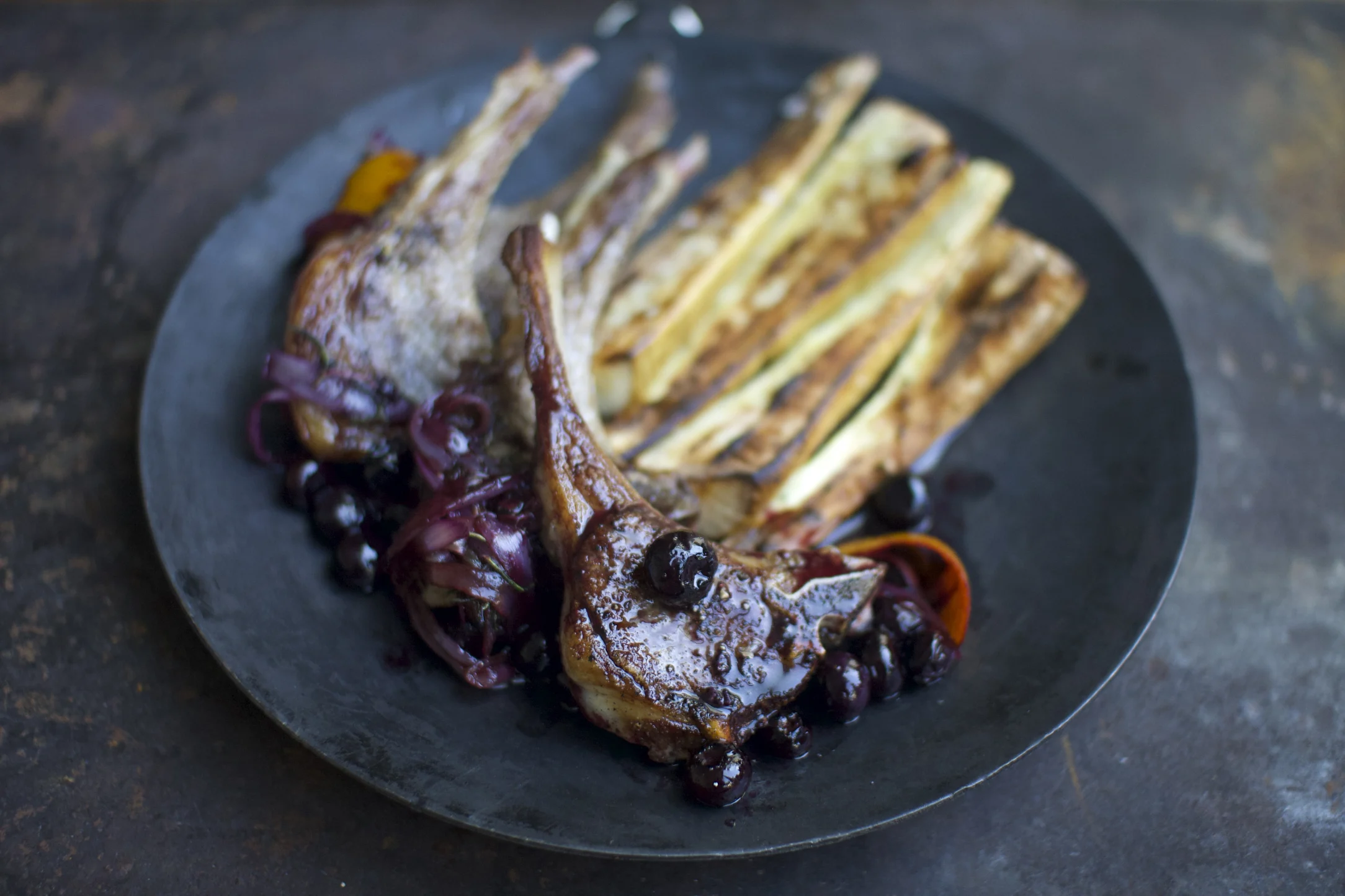 Lamb Chops in Orange and Blueberry Sauce with Roasted Parsnips