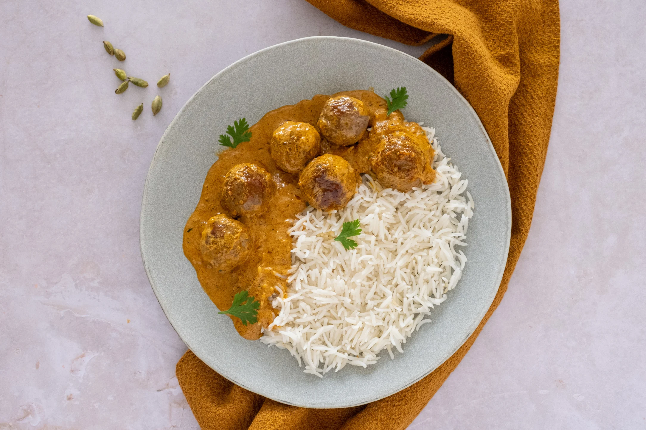 Lamb Rogan Josh Meatballs with Rice