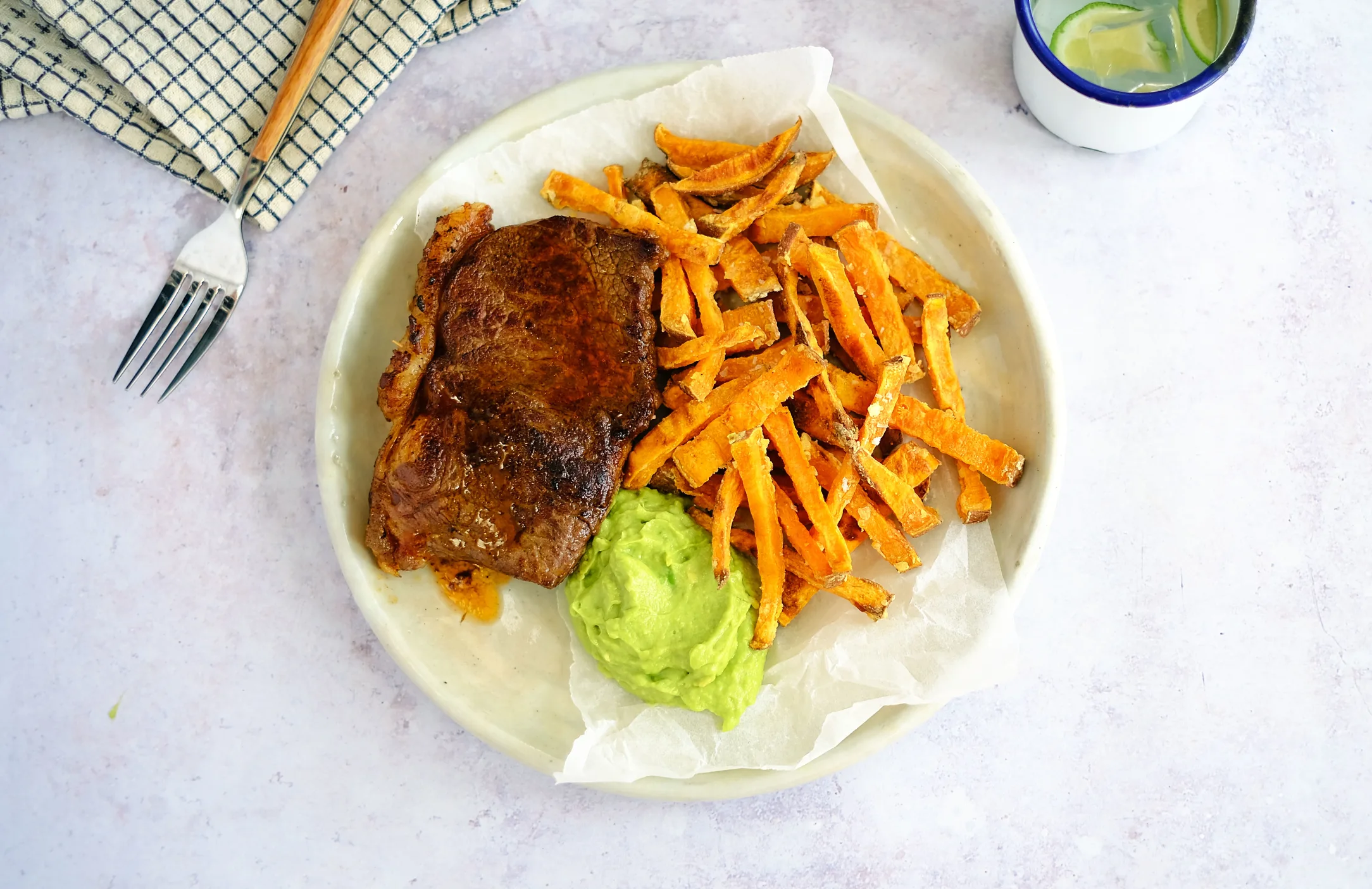 Redev: Ribeye Steak and Potato Fries with Avocado Chimichurri