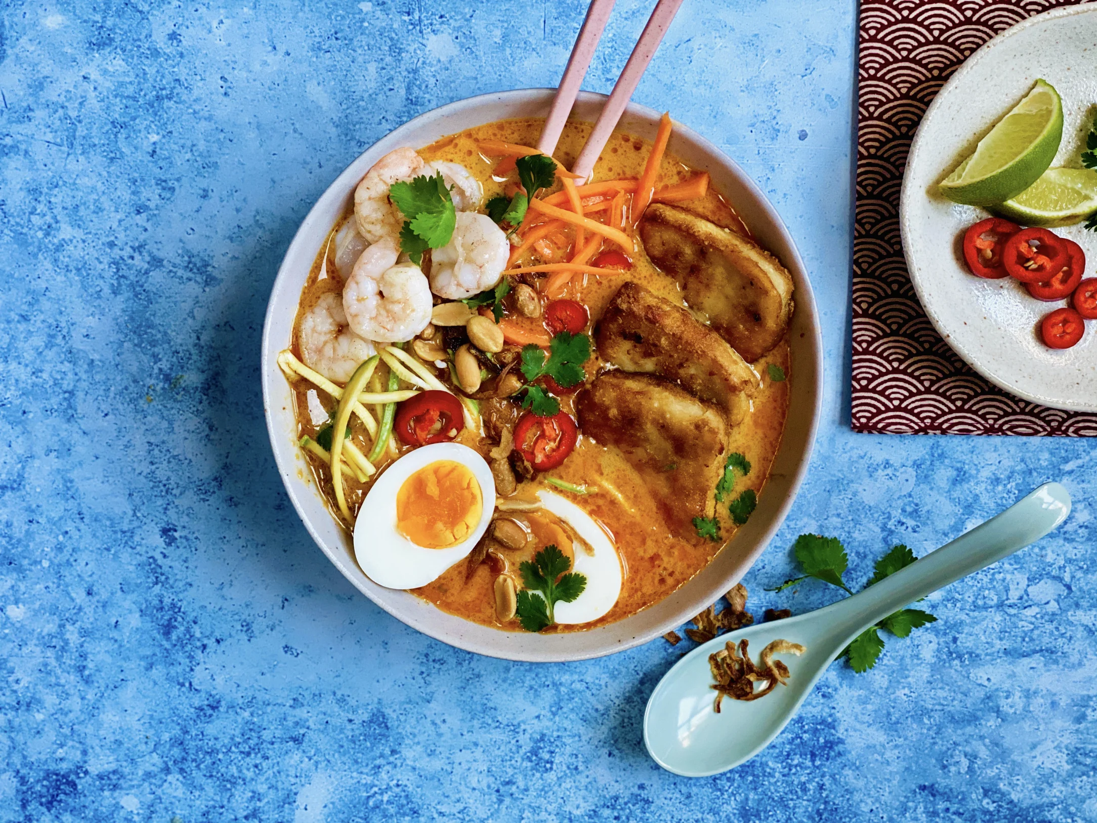 Curried Prawn and Tofu Laksa with Crispy Onions and Egg