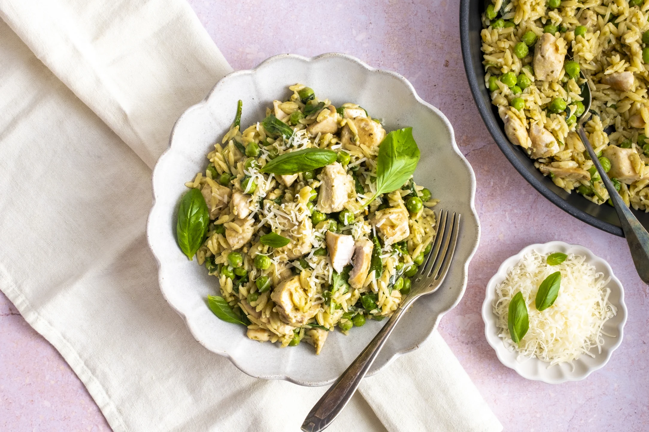Chicken and Pesto Orzo with Peas and Baby Spinach