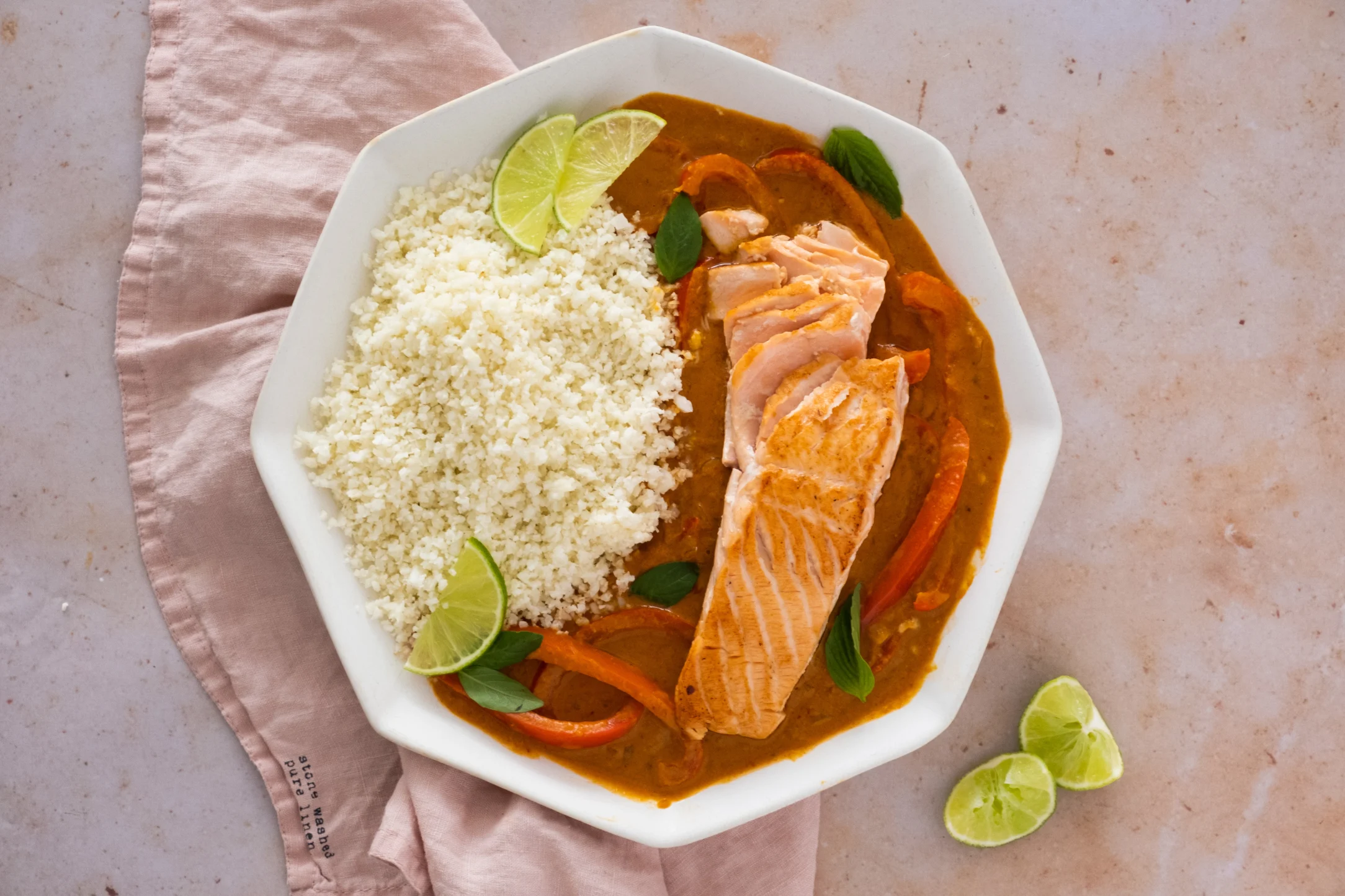 Thai Panang Curry with Salmon and Cauliflower Rice - Redev with cubes