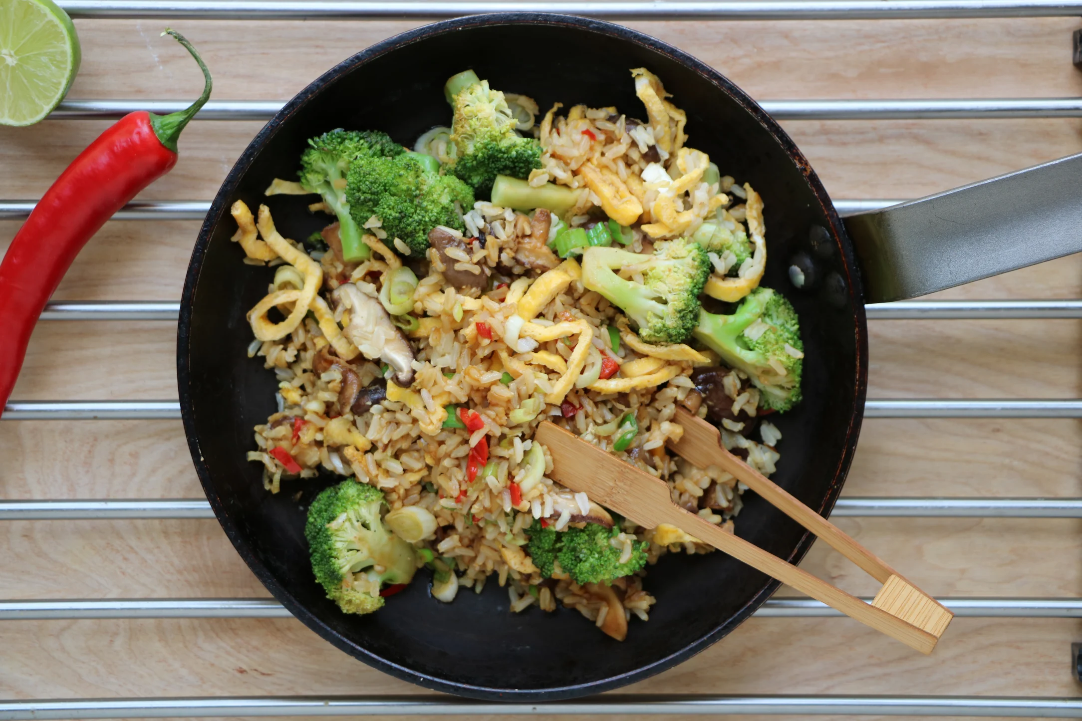 Shiitake Fried Rice with Spring Onions and Red Chilli