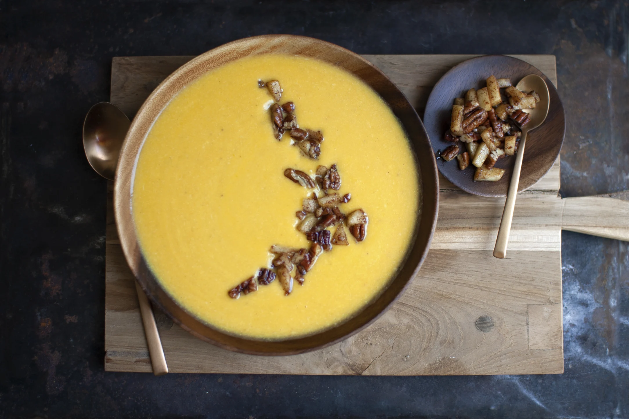 Butternut Squash and Cheddar Soup with Apple and Pecan