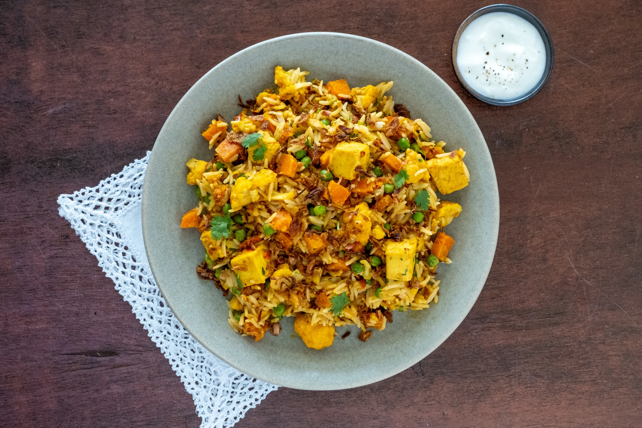 Paneer Biryani with Yogurt and Crispy Onions