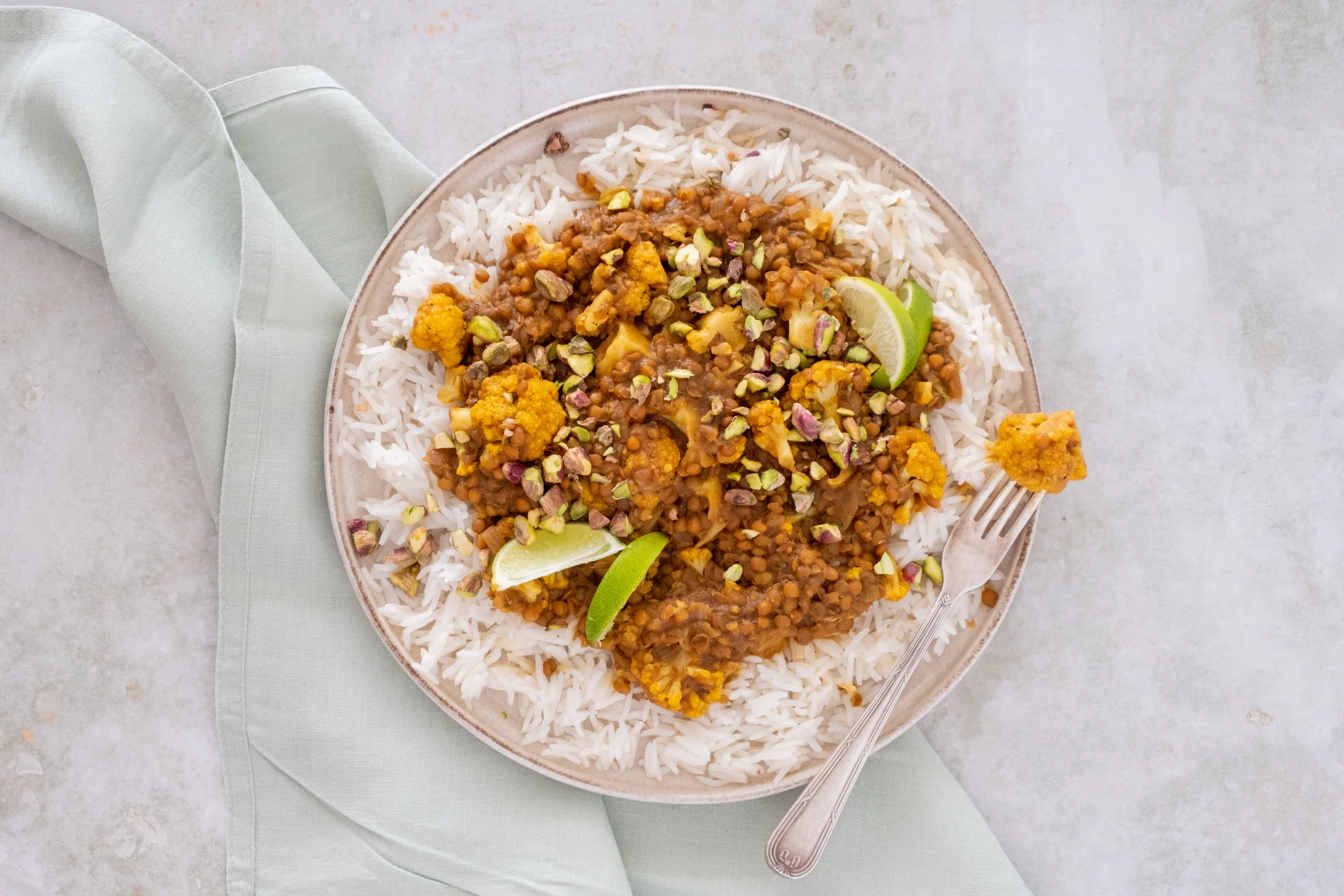 Lentil and Cauliflower Curry with Rice and Pistachios
