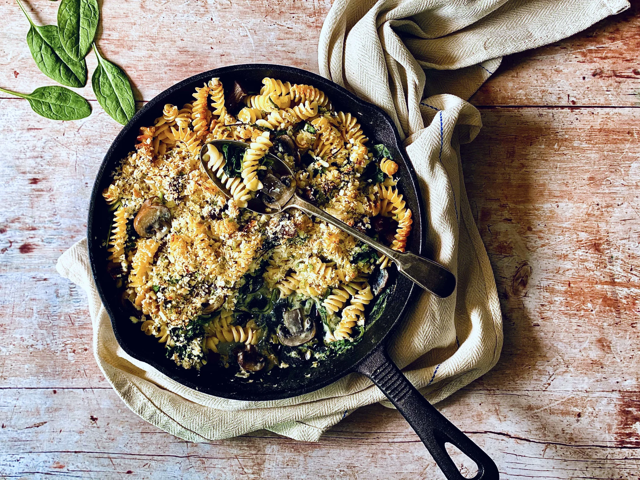 Creamy Mushroom and Spinach Fusilli Bake