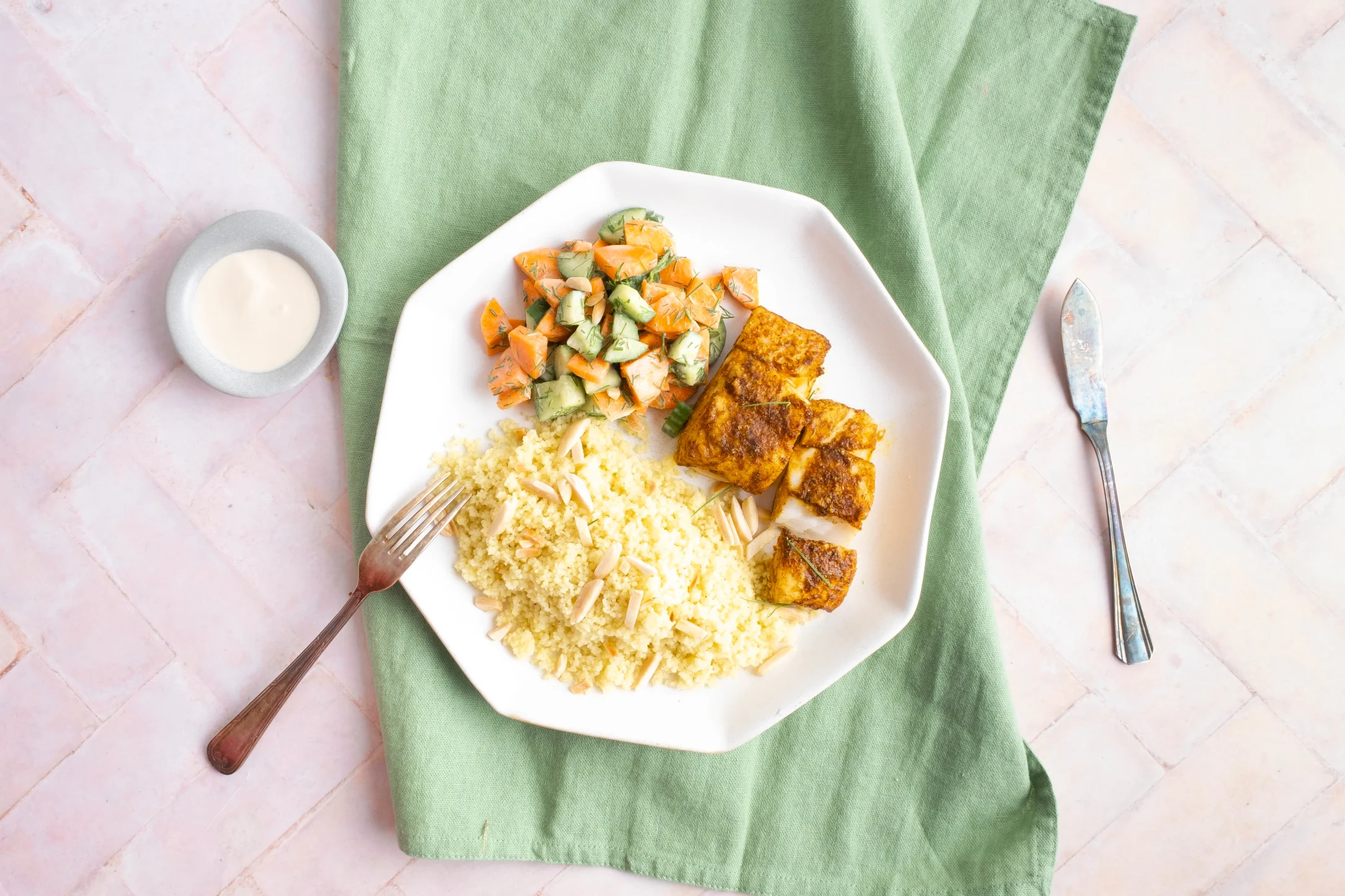 Moroccan Spiced Cod with Couscous and Cucumber Dill Salad