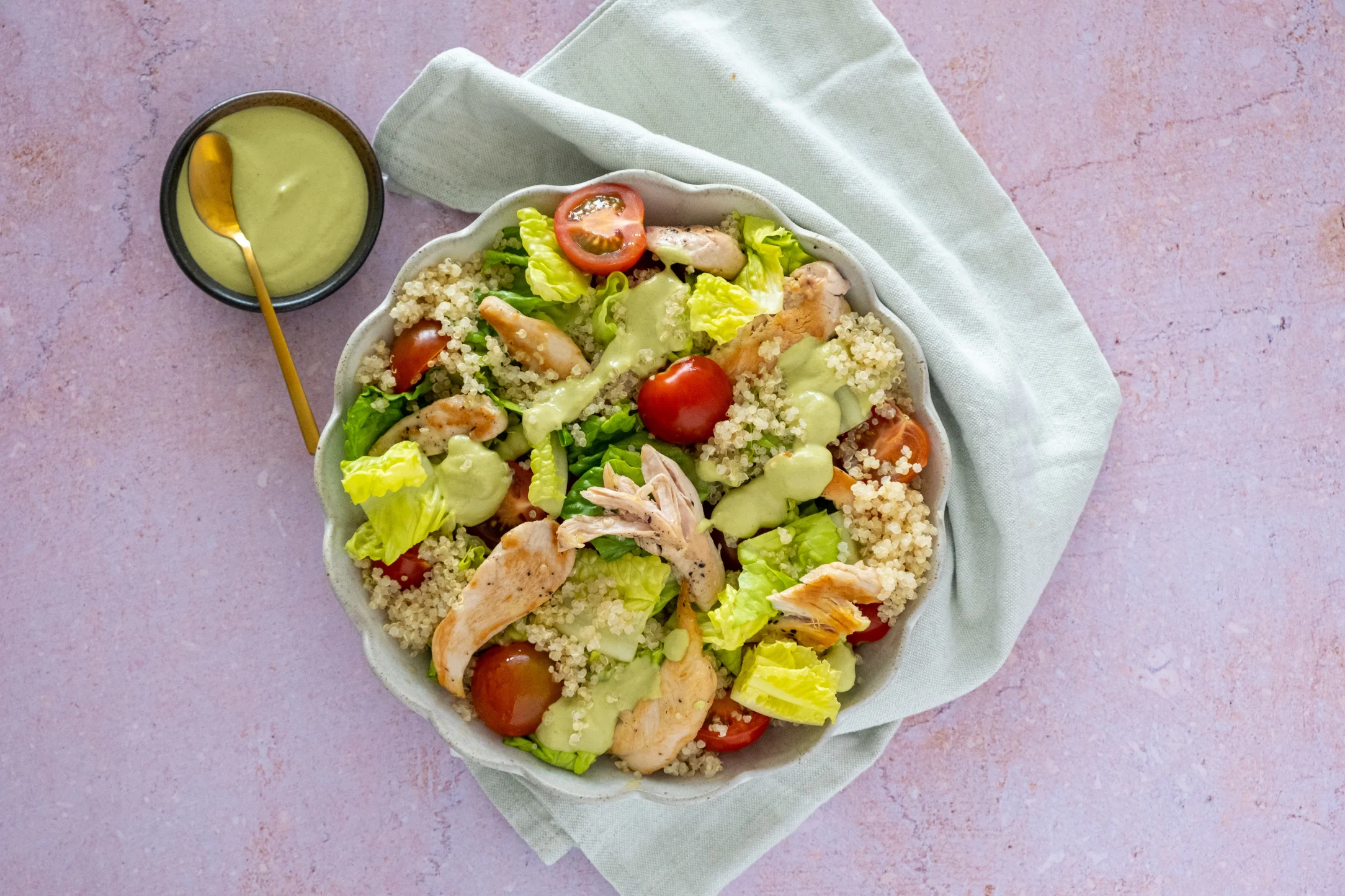 Chicken Over Quinoa Salad with Pesto Cashew Lime Dressing