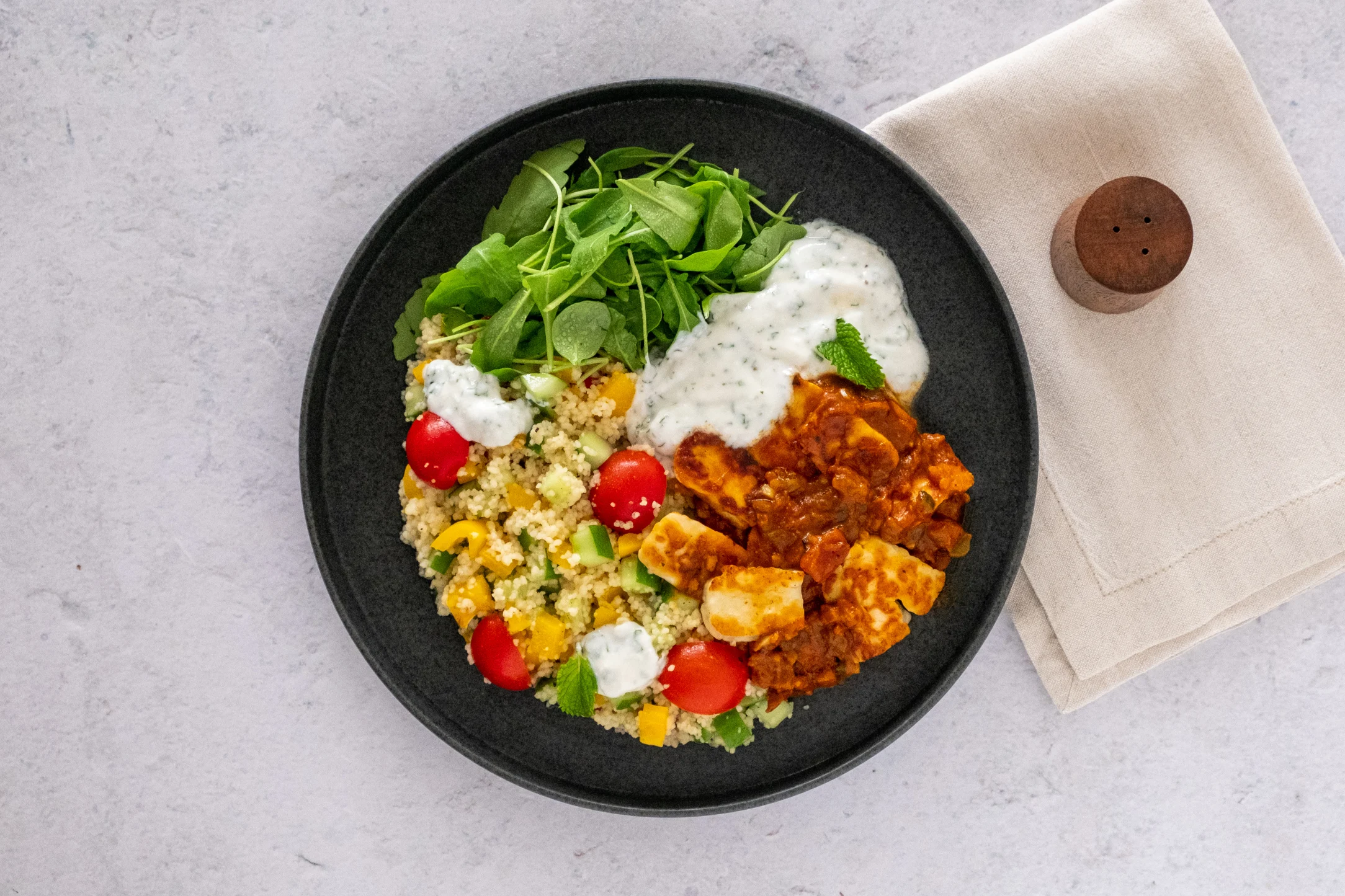 Harissa Halloumi with Couscous Salad and Lemon and Mint Yogurt Dressing