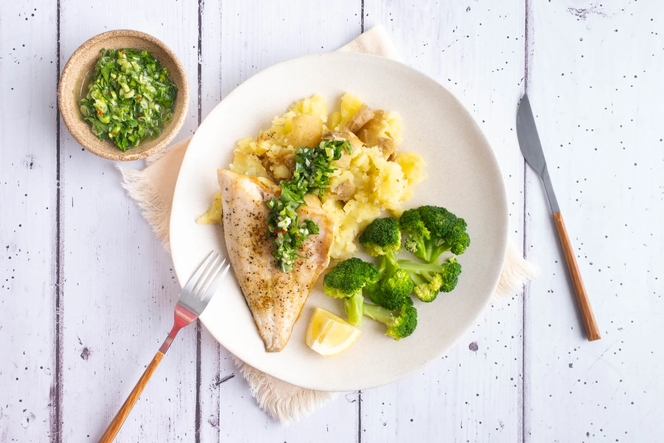 Pan-Fried Seabream with Crushed Potatoes and Salsa Verde