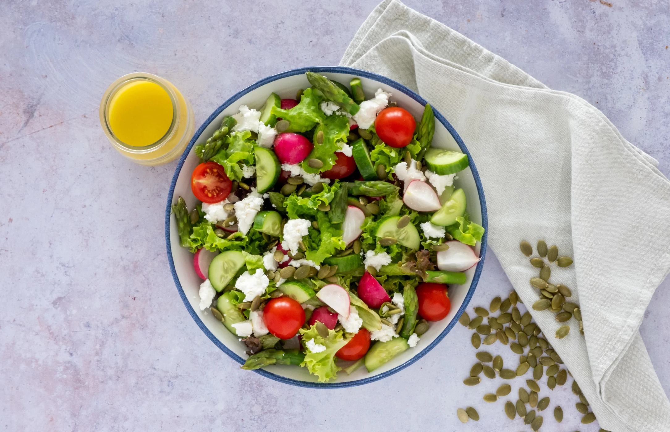 Crisp Asparagus Salad with Feta and Honey Lemon Dressing