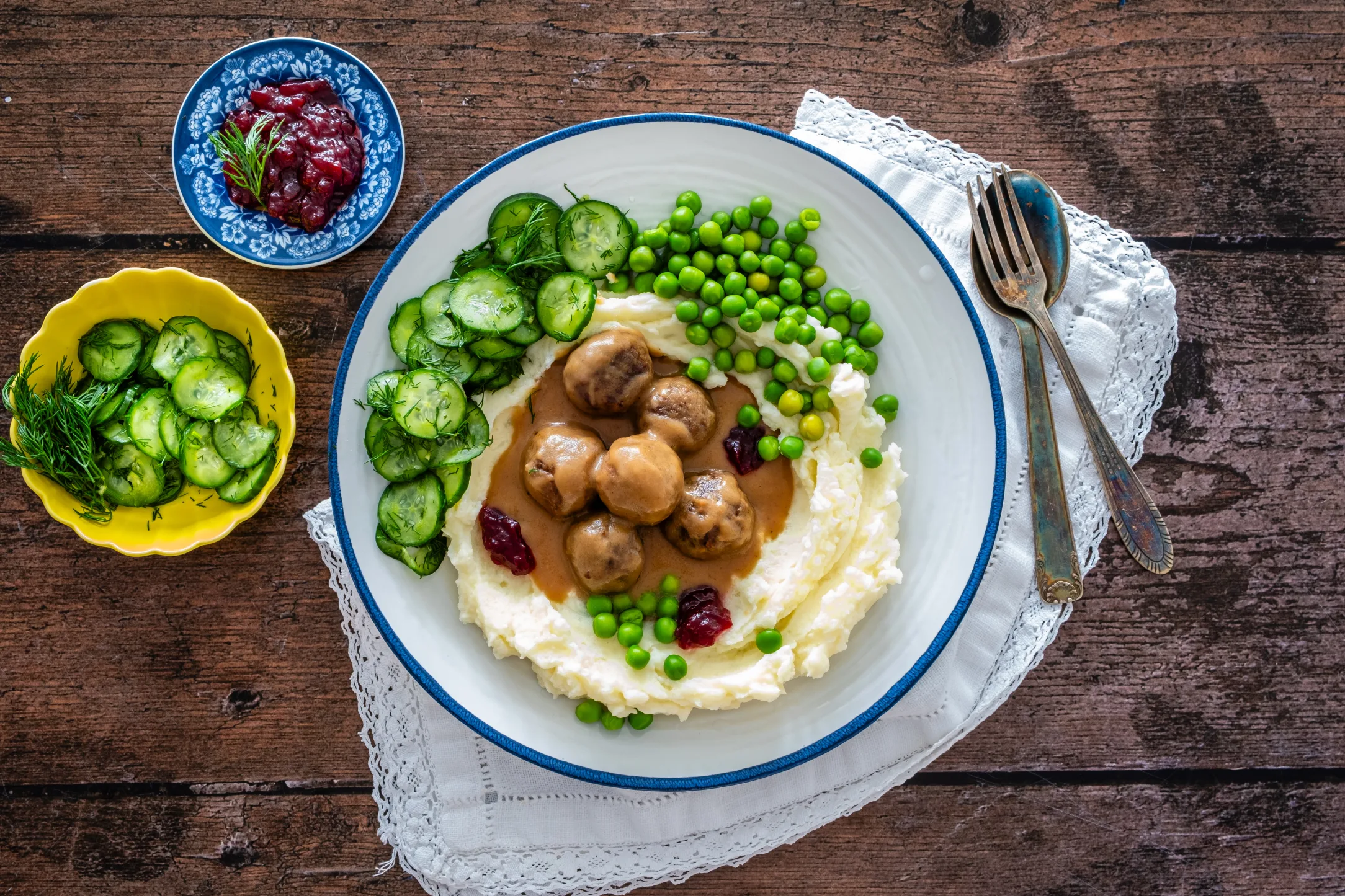 Beyond Meat Swedish Meatballs with Mashed Potatoes, Peas and Pickled Dill Cucumber