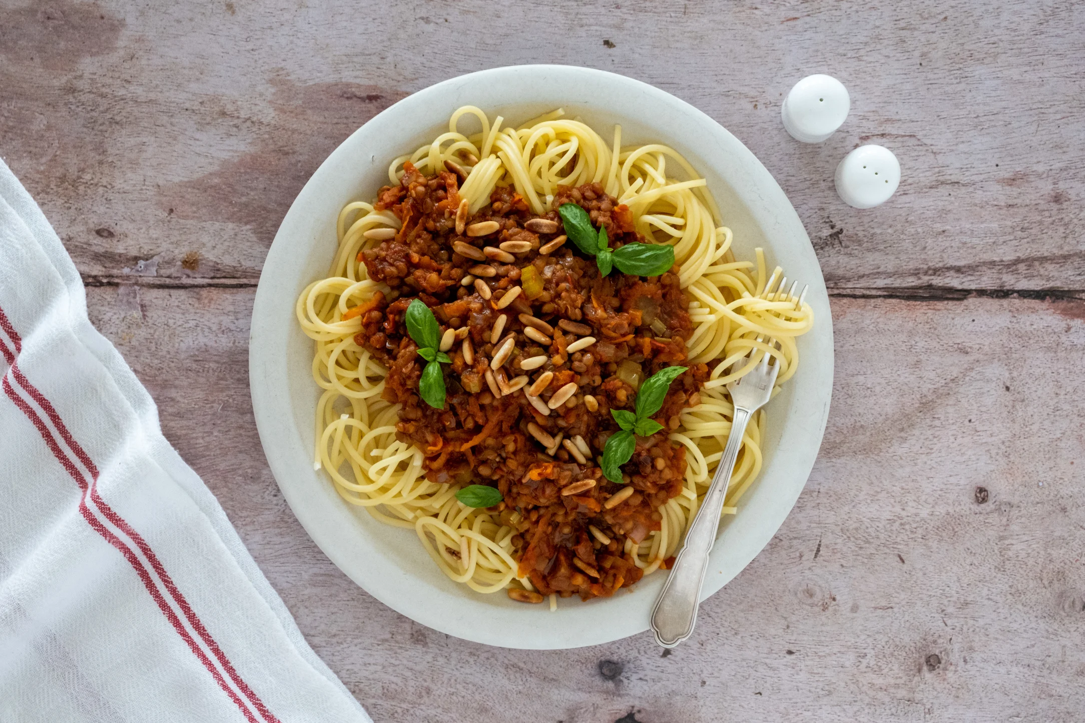 Lentil Bolognese with Spaghetti and Toasted Pine Nuts
