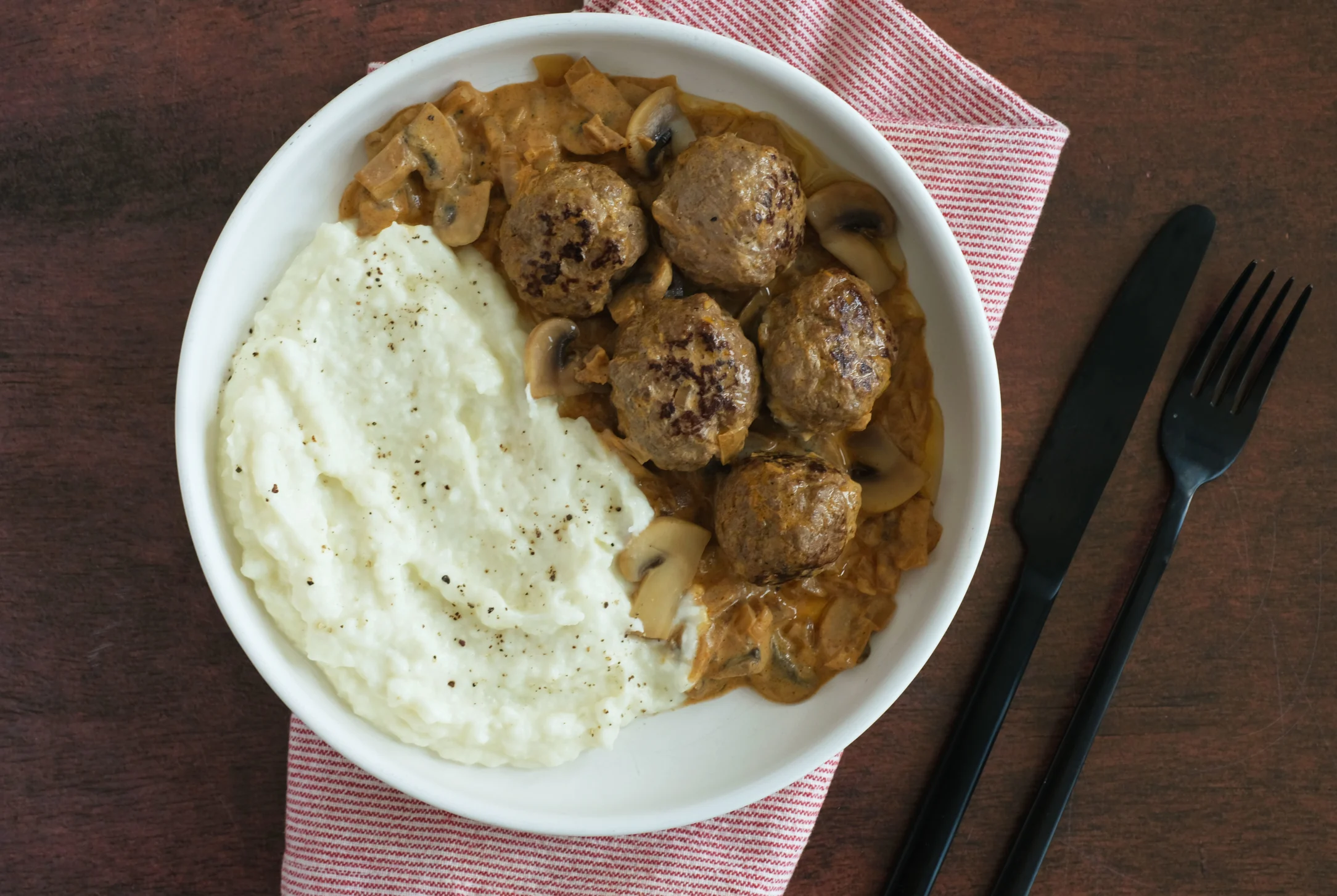 Meatball and Mushroom Stroganoff with Cauliflower Mash
