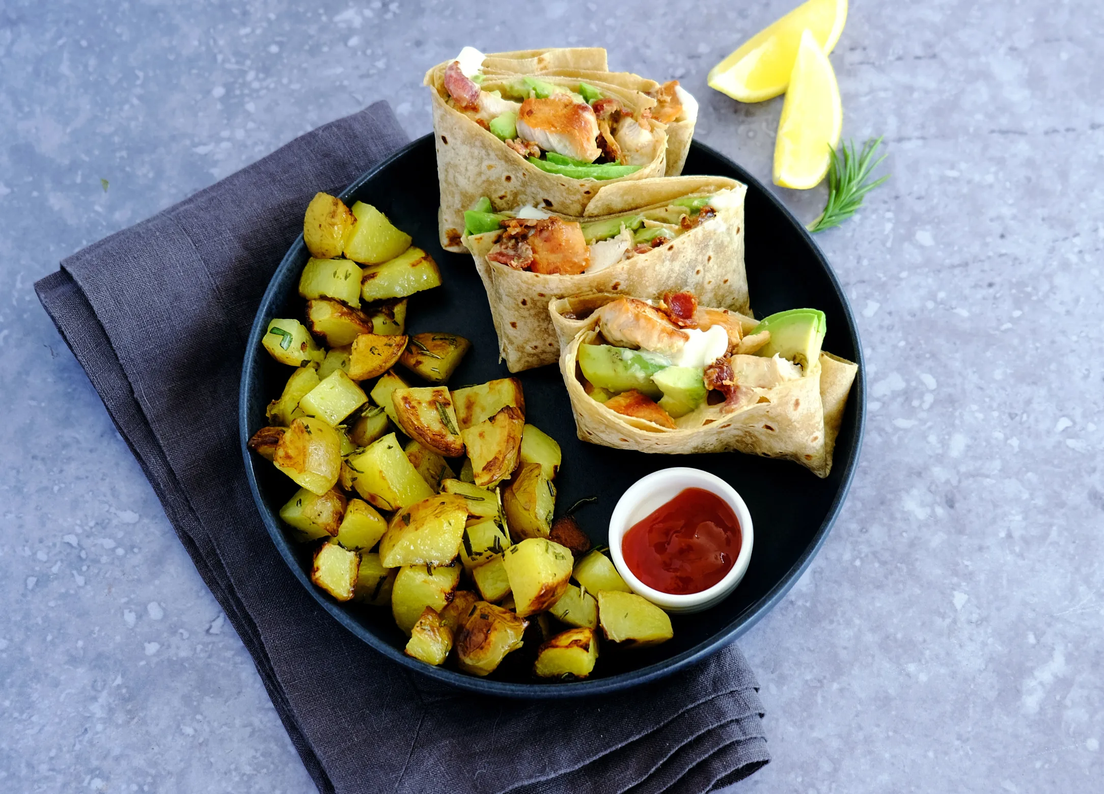 Chicken, Avocado and Beef Bacon Wraps with Rosemary Potatoes