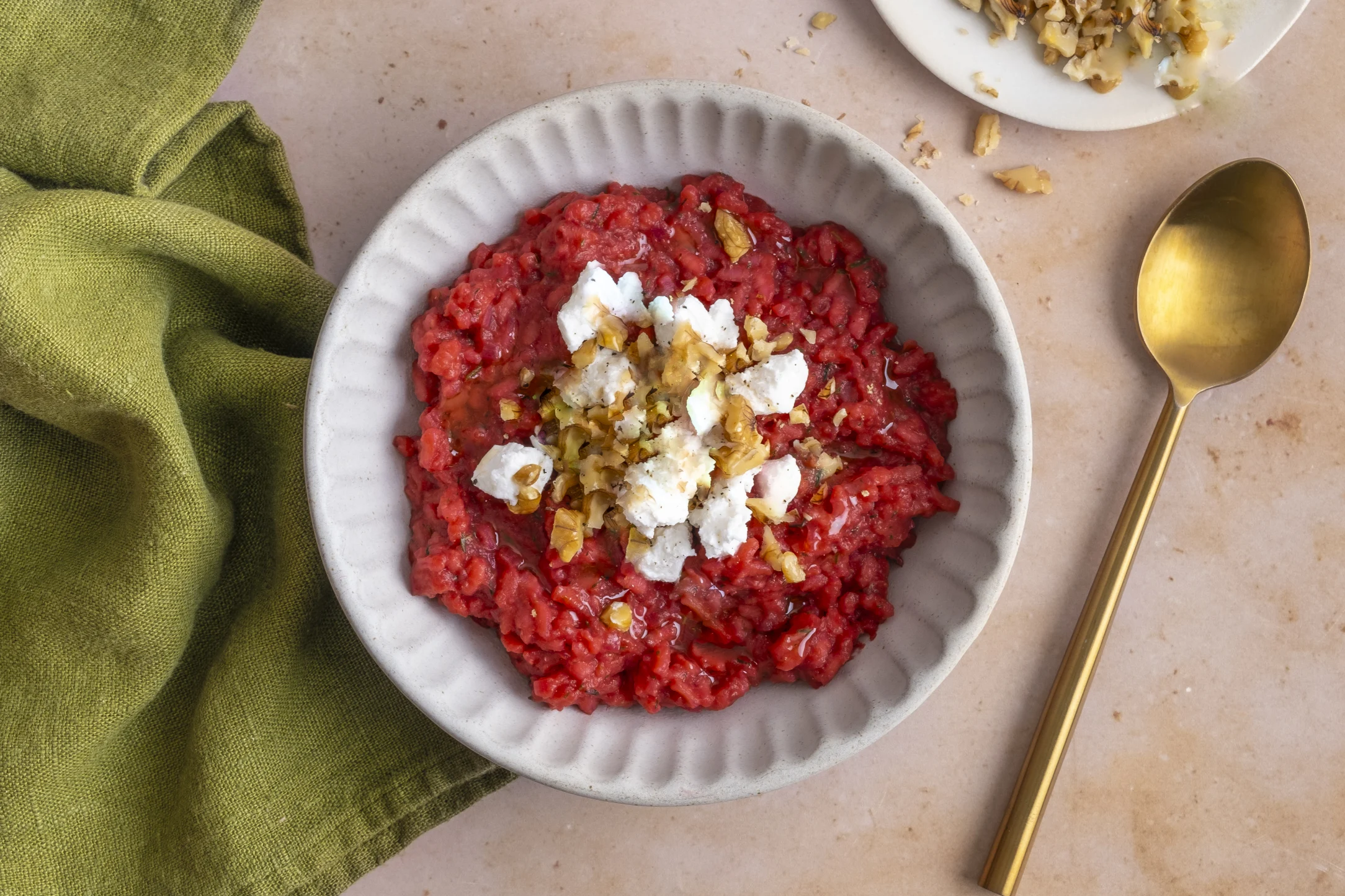 Beetroot Risotto with Creamy Goats Cheese and Hazelnuts