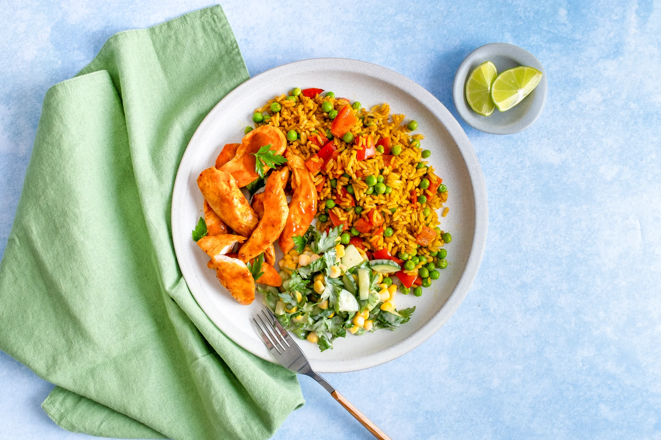 Express: Peri-peri Chicken with Spicy Rice and Creamy Sweet Corn Salad