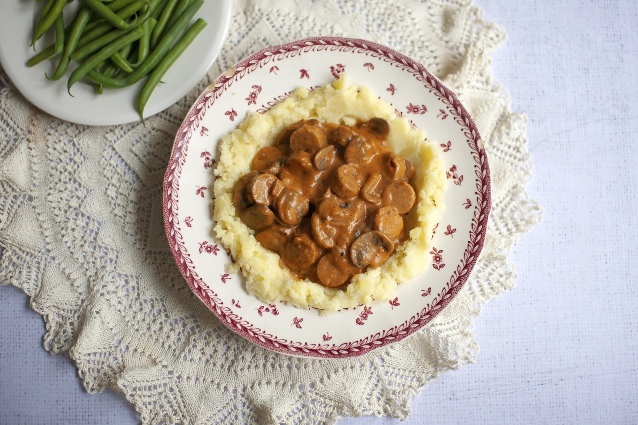 Vegan Sausage and Mushroom Stroganoff with Mash and Green Beans
