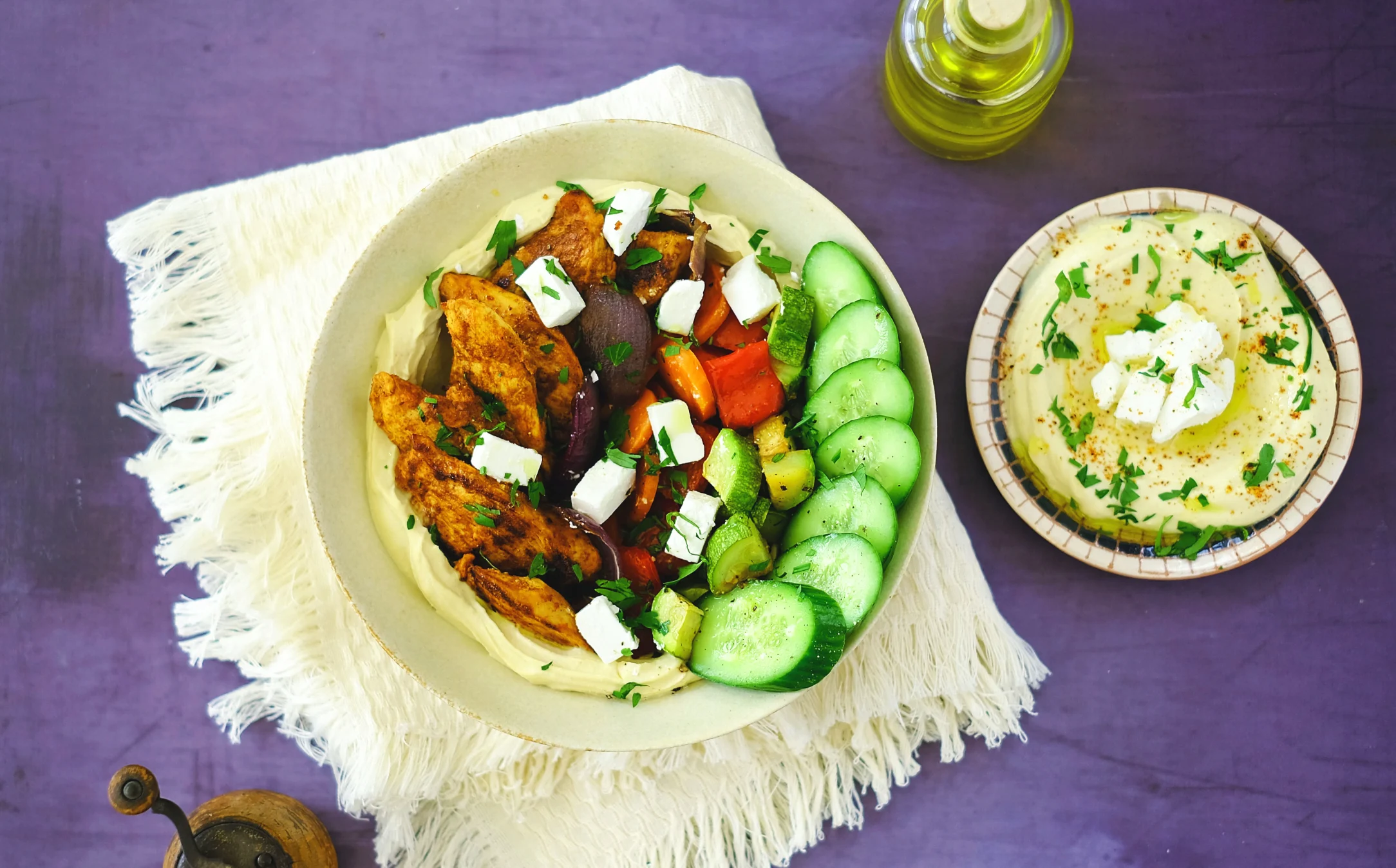 Roasted Vegetable and Chicken Shawarma Bowl with Hummus