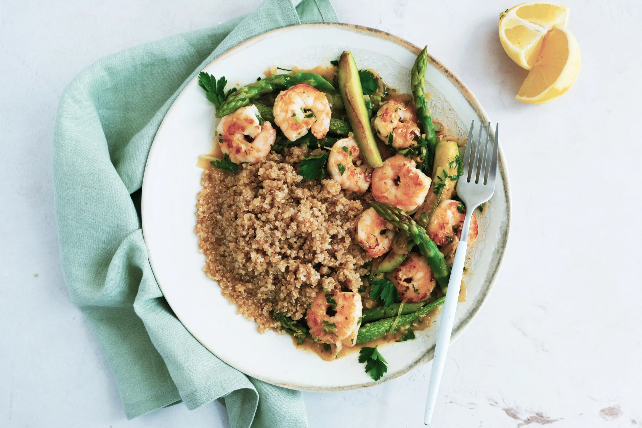 Lemon Garlic Butter Prawns with Quinoa and Asparagus