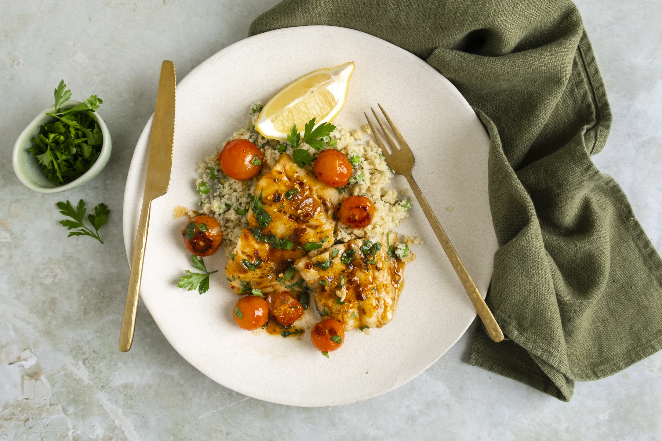 Sweet and Spicy Cod with Blistered Tomatoes and Fine Bulgur with Peas